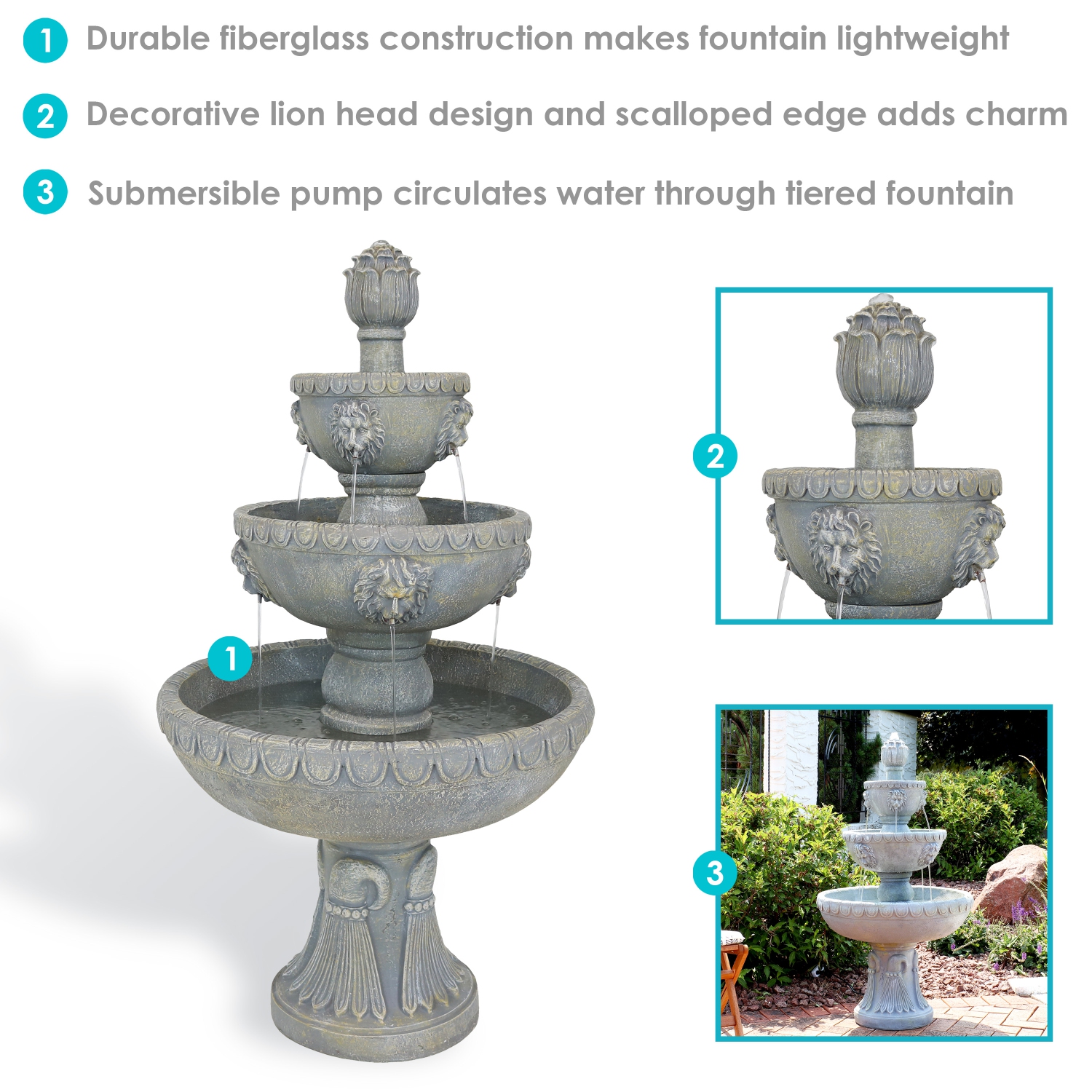 Sunnydaze Lion Head Fiberglass Outdoor 4-Tier Water Fountain