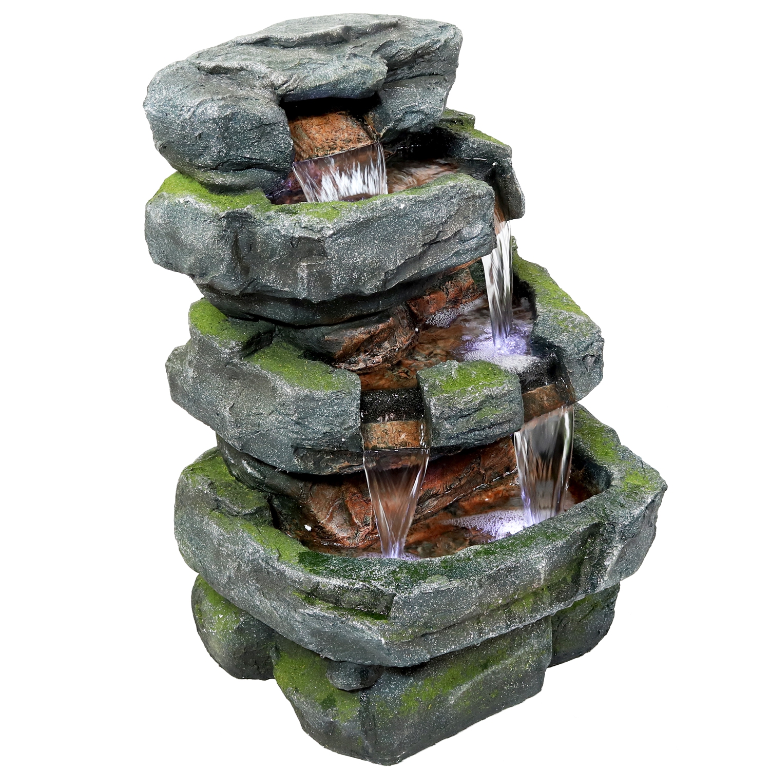 Sunnydaze Electric Tiered Stone Waterfall Fountain with LED Lights - 23 in