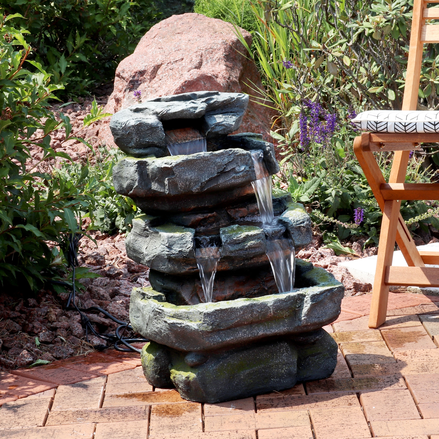 Sunnydaze Electric Tiered Stone Waterfall Fountain with LED Lights - 23 in