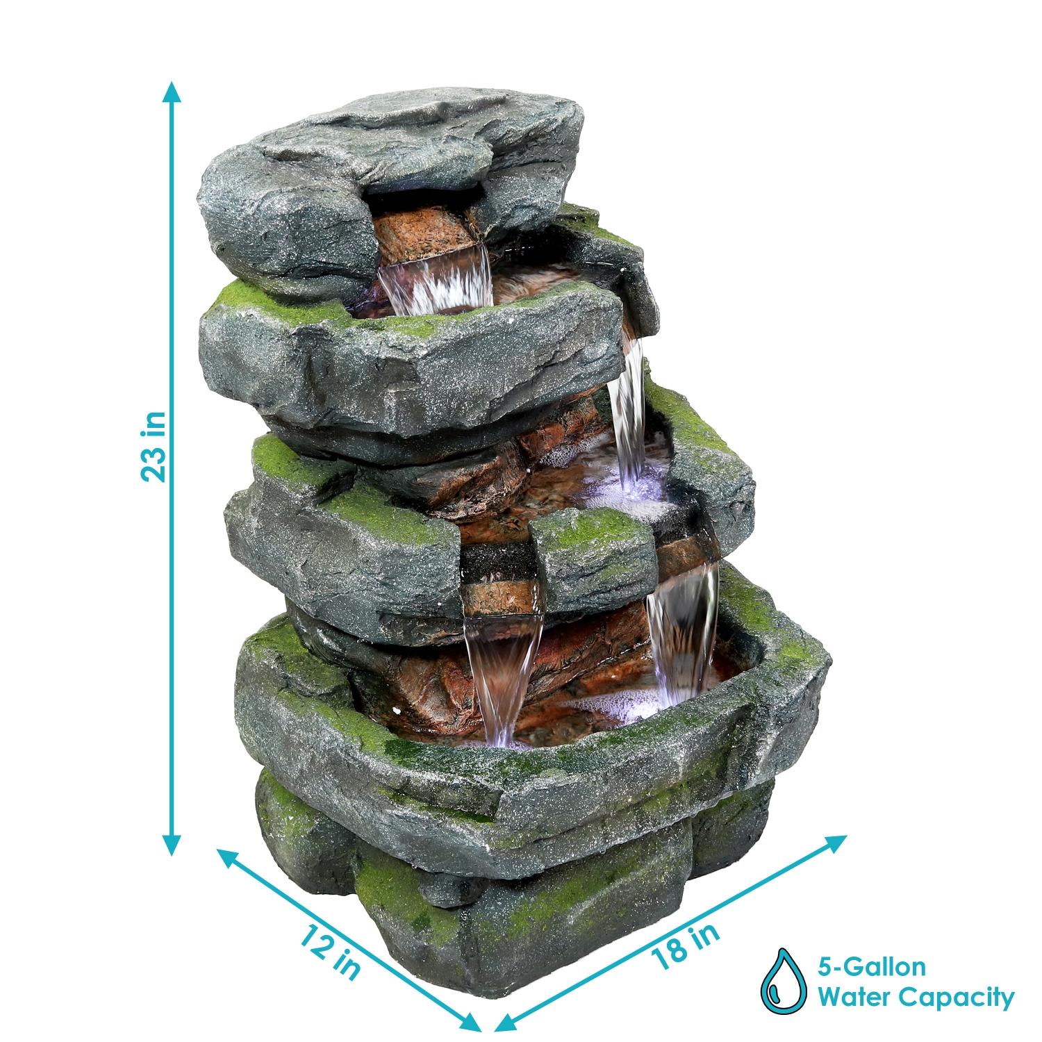 Sunnydaze Electric Tiered Stone Waterfall Fountain with LED Lights - 23 in