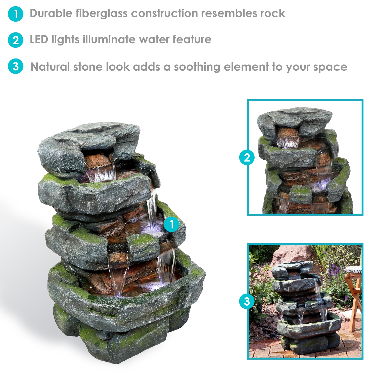 Sunnydaze Electric Tiered Stone Waterfall Fountain with LED Lights - 23 in