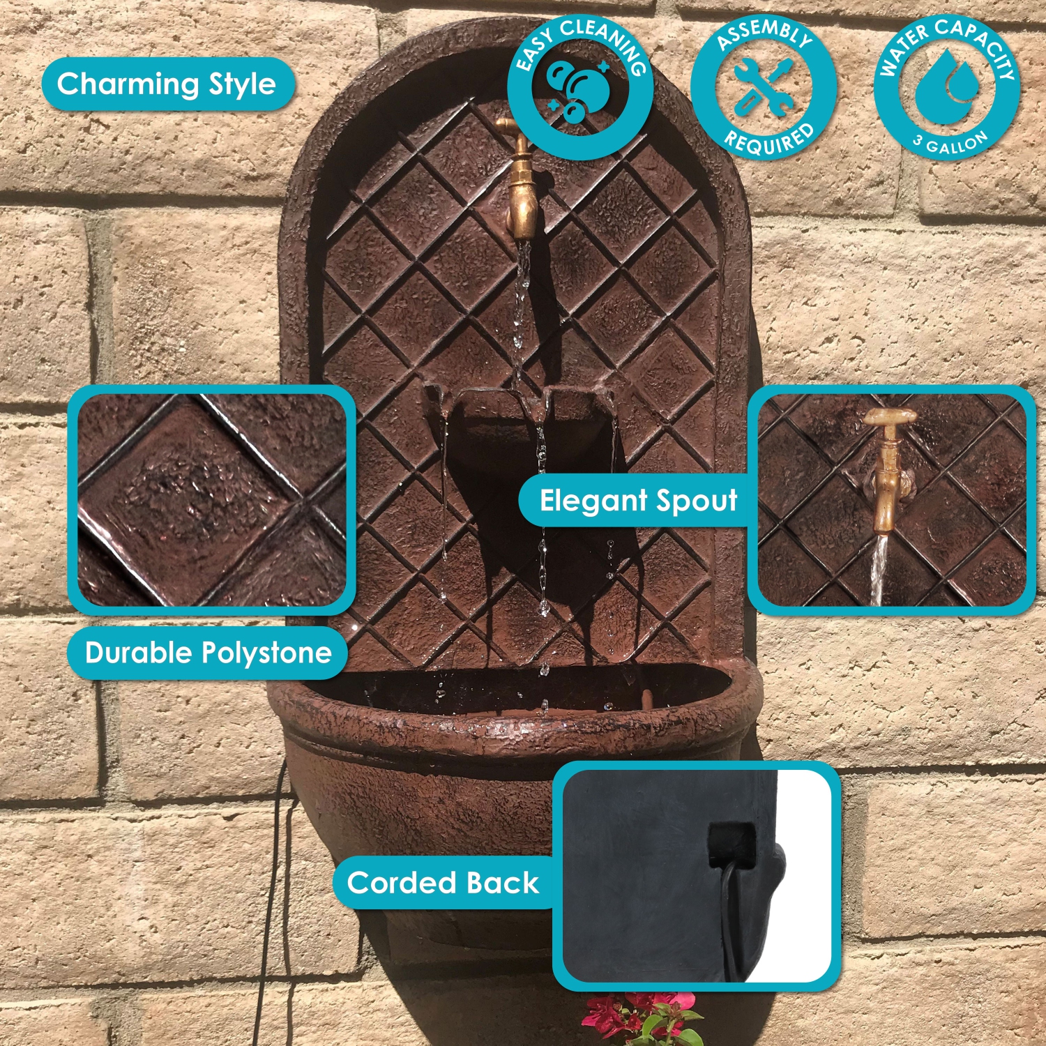 Sunnydaze Messina Polystone Outdoor Wall Fountain - Bronze