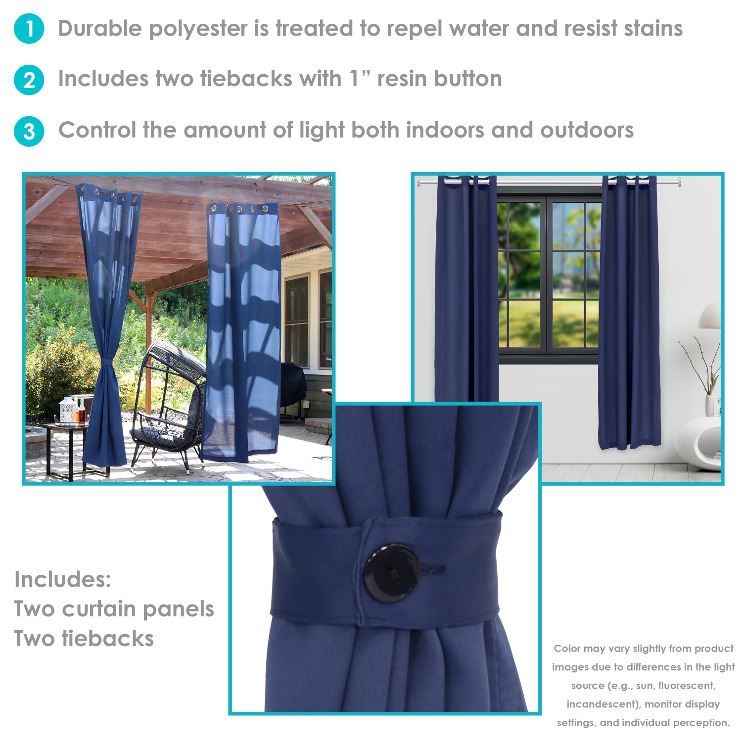Sunnydaze Modern Outdoor Curtain Panel - Blue - 52 in x 96 in - Set of 2