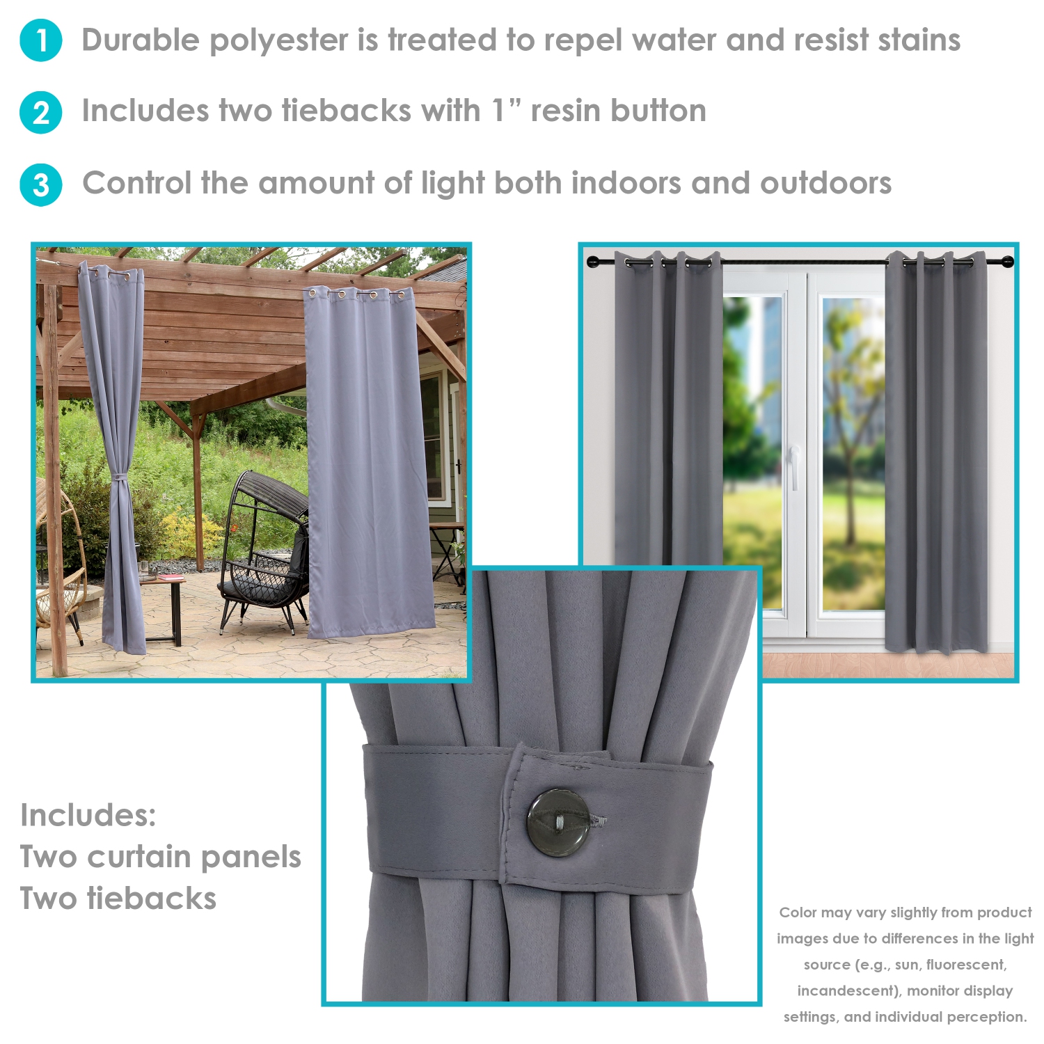 Sunnydaze Outdoor Blackout Curtain Panel - Gray - 52 in x 108 in - Set of 2