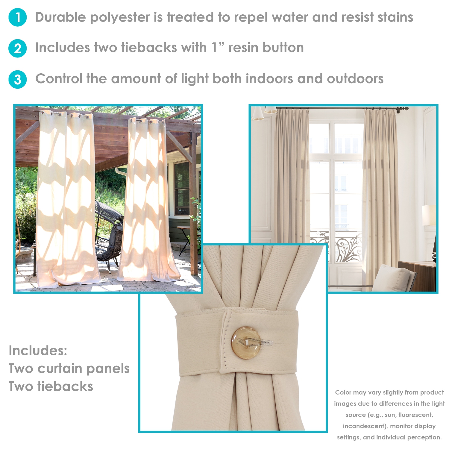 Sunnydaze Indoor/Outdoor Curtain Panel - Beige - 52 in x 120 in - Set of 2