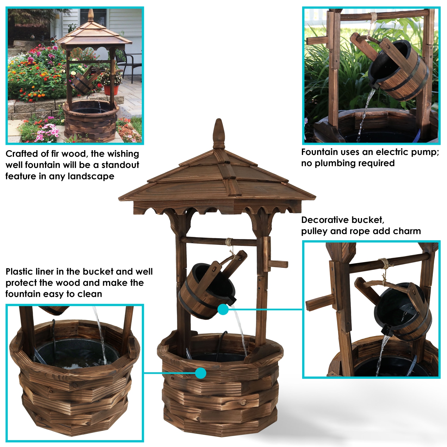 Sunnydaze Old-Fashioned Wood Wishing Well Water Fountain with Liner - 48 in