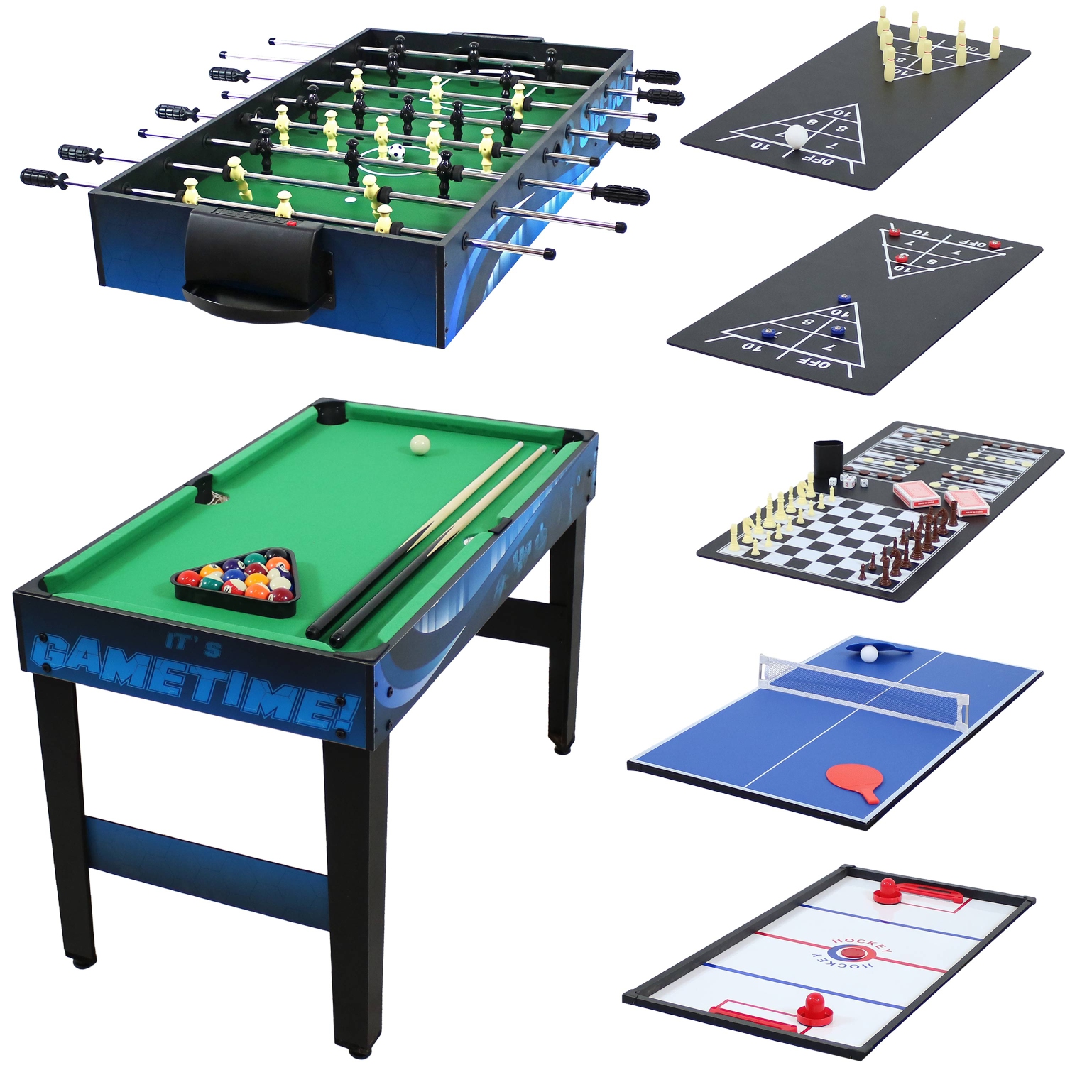 Table de jeu 10-en-1 Sunnydaze avec billard, baby-foot et hockey - Bleu