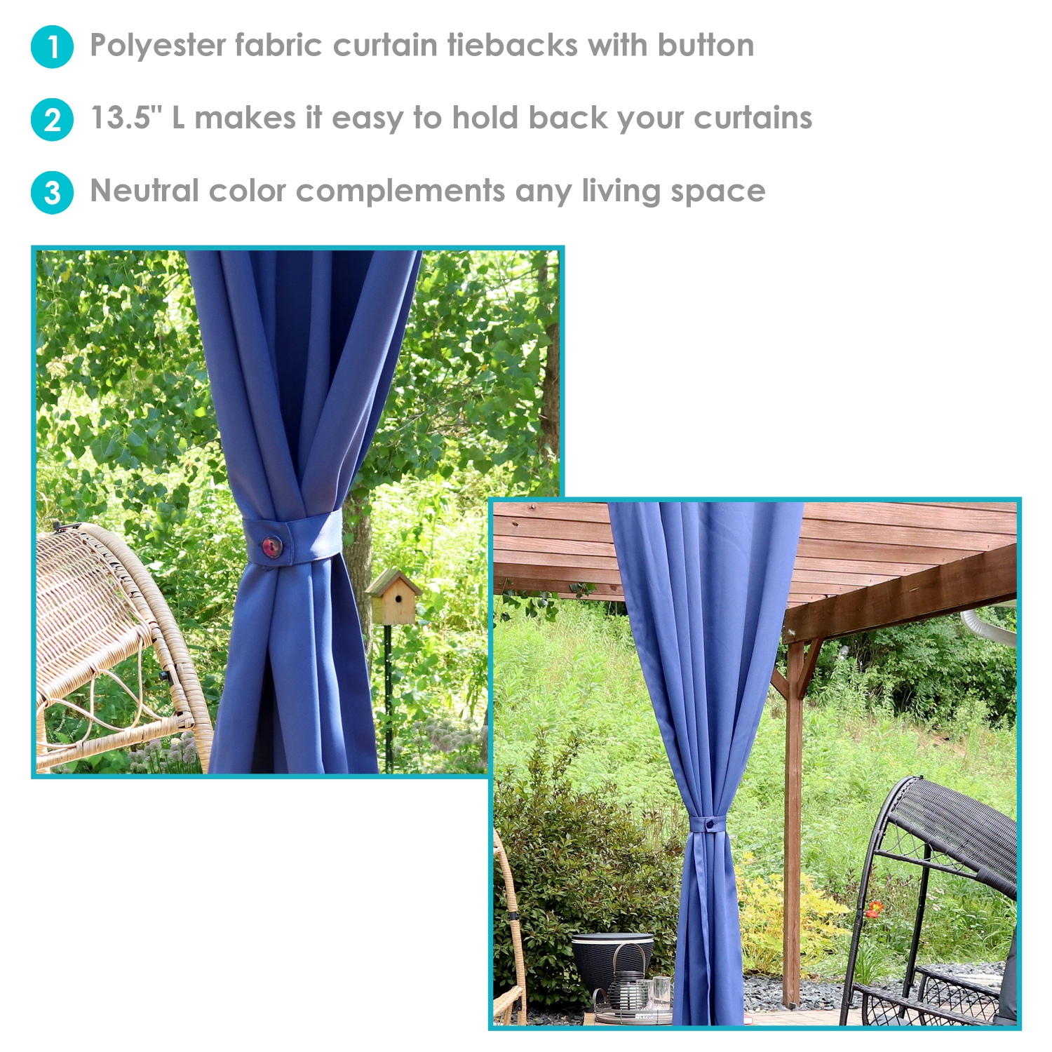 Sunnydaze Indoor/Outdoor Polyester Curtain Tiebacks - Blue - Set of 4