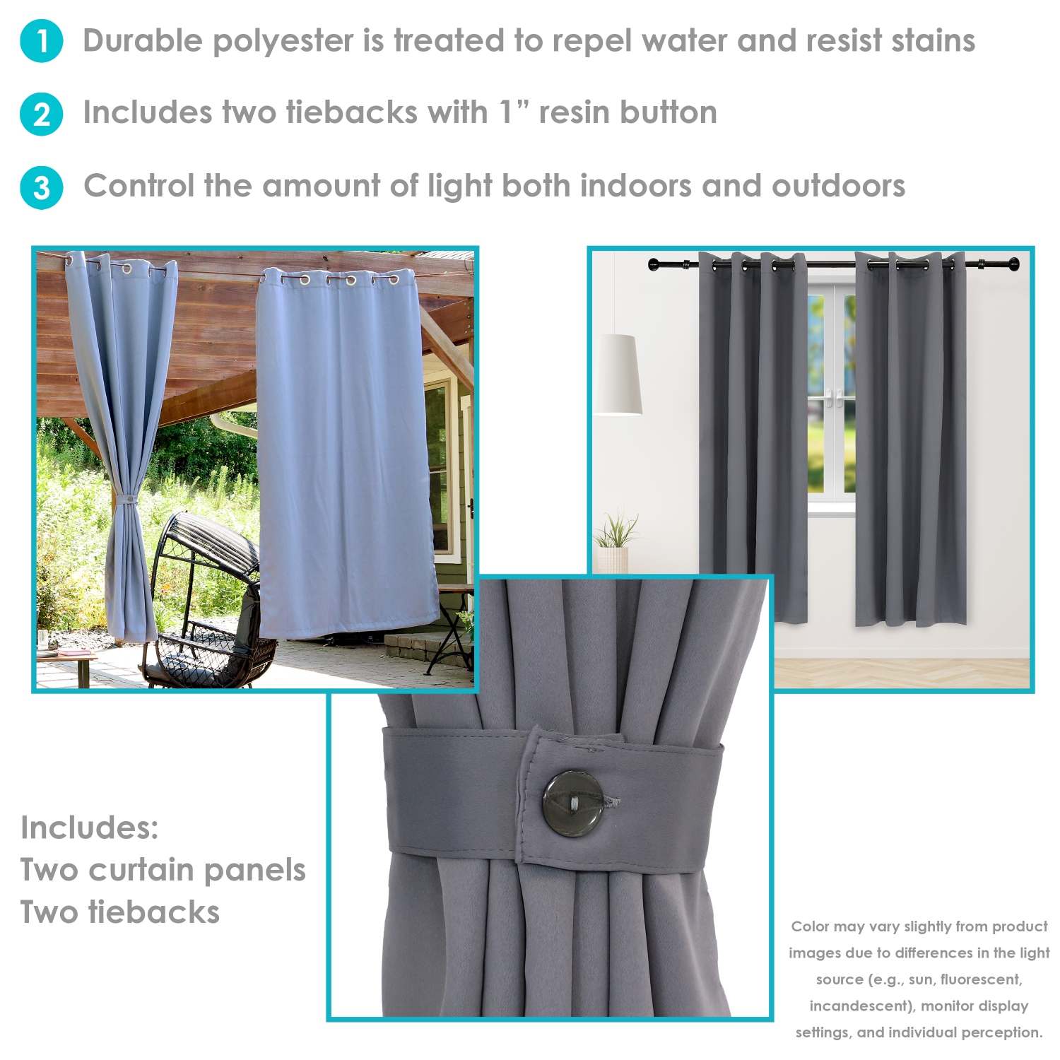 Sunnydaze Outdoor Blackout Curtain Panel - Gray - 52 in x 84 in - Set of 2