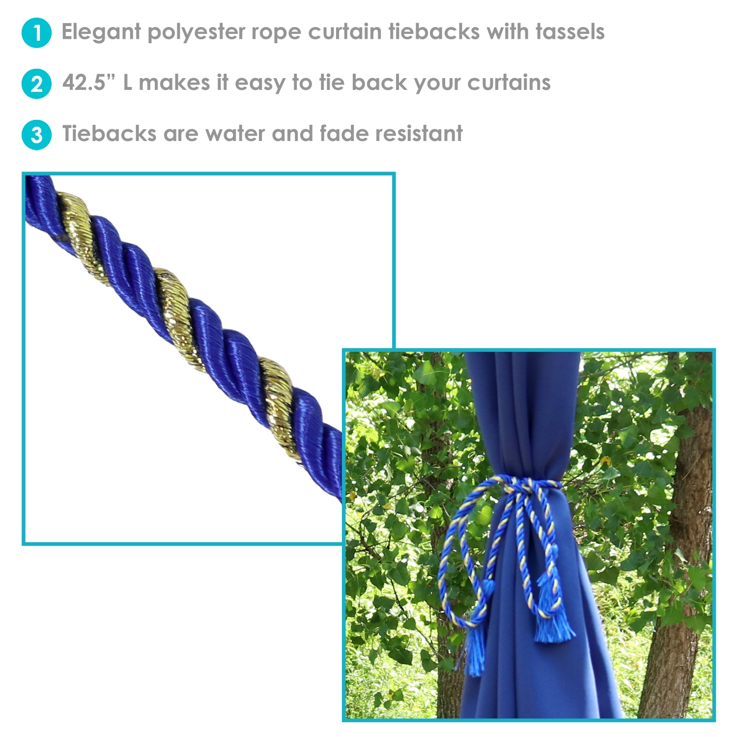 Sunnydaze Indoor/Outdoor Rope Curtain Tiebacks - Blue - Set of 2