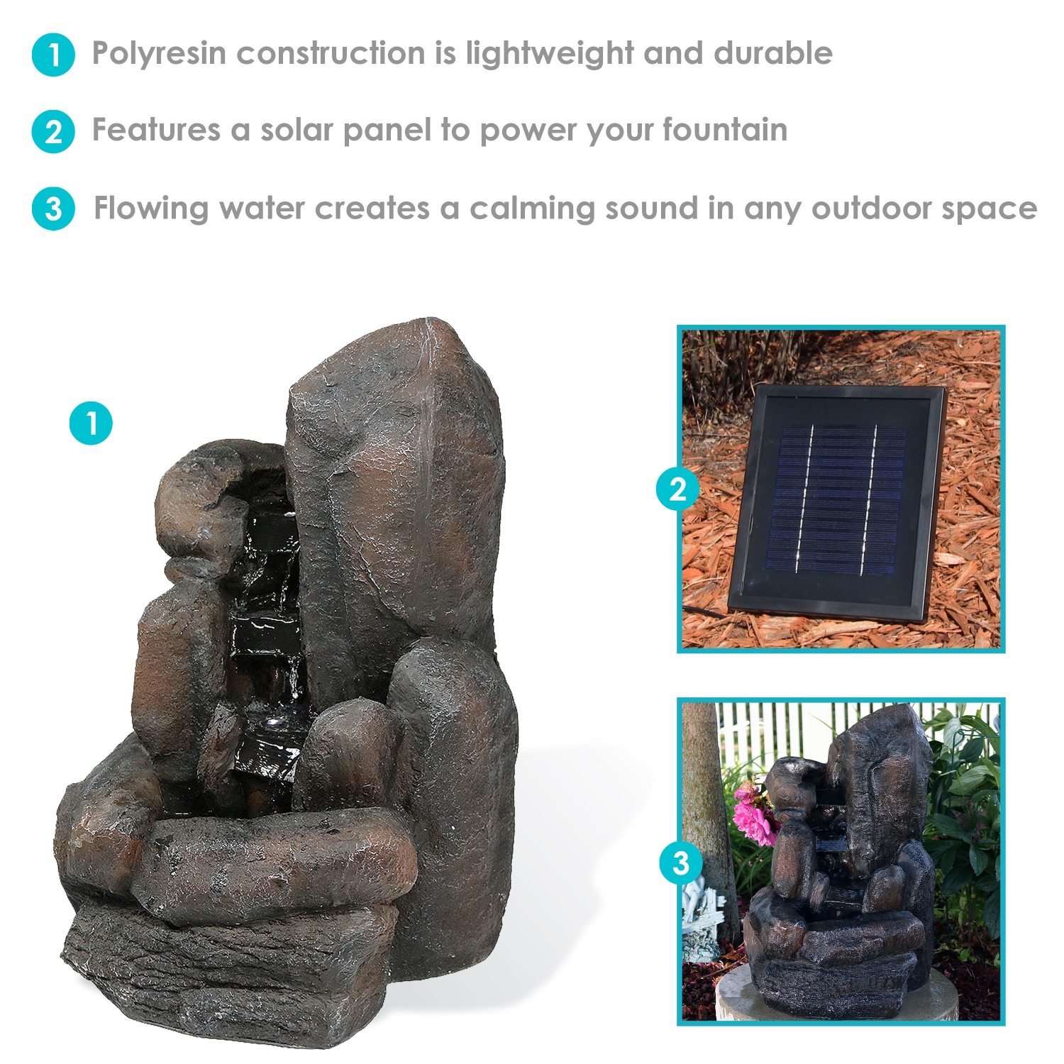 Sunnydaze Polyresin Rock Falls Solar Water Fountain with Battery - 22 in