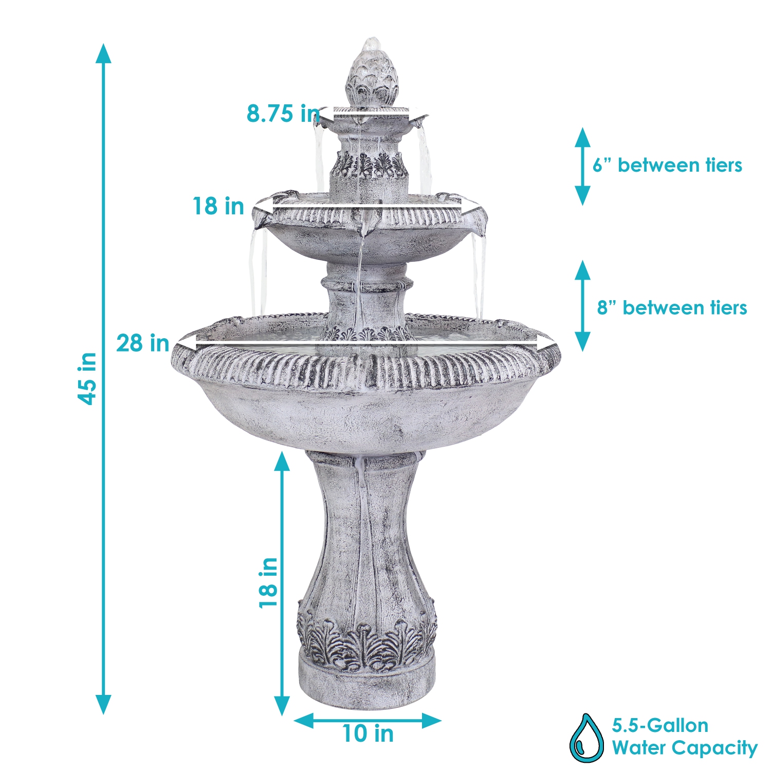 Fontaine d’eau extérieure à 3 niveaux d’inspiration méditerranéenne Sunnydaze - Gris