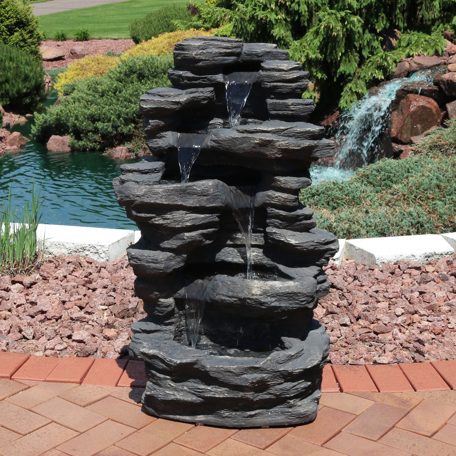 Sunnydaze Rock Falls Electric Waterfall Fountain with LED Lights - 39 in
