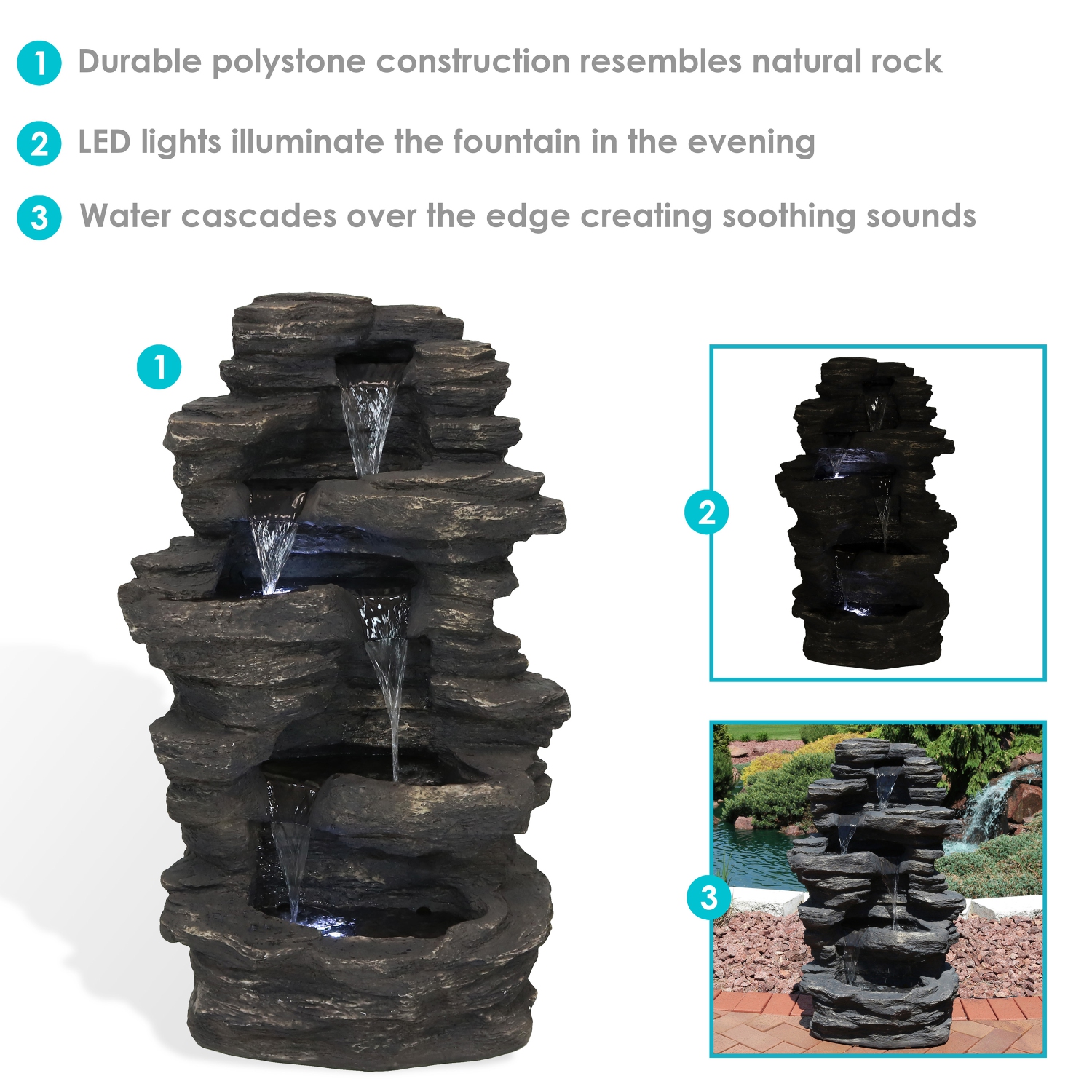 Sunnydaze Rock Falls Electric Waterfall Fountain with LED Lights - 39 in