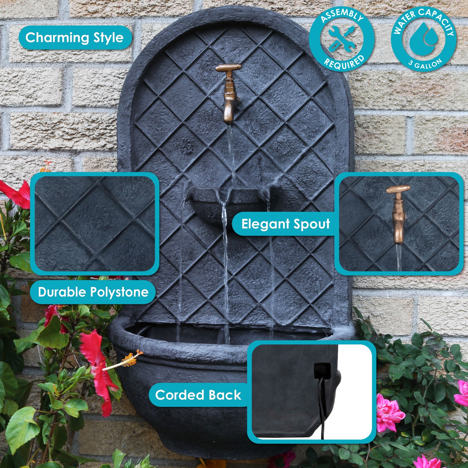 Sunnydaze Messina Polystone Outdoor Wall Fountain - Lead