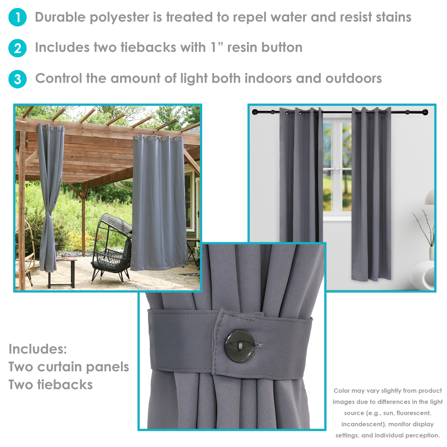Sunnydaze Outdoor Blackout Curtain Panel - Gray - 52 in x 96 in - Set of 2