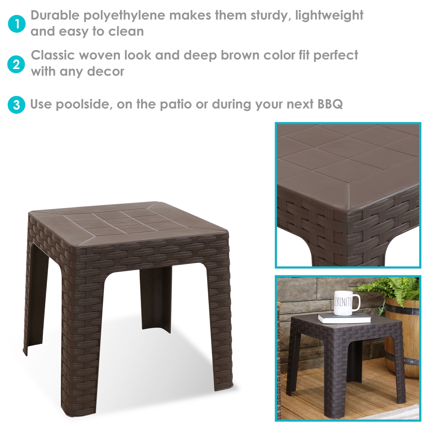 Sunnydaze 18.5 in Plastic Square Patio Side Table - Brown