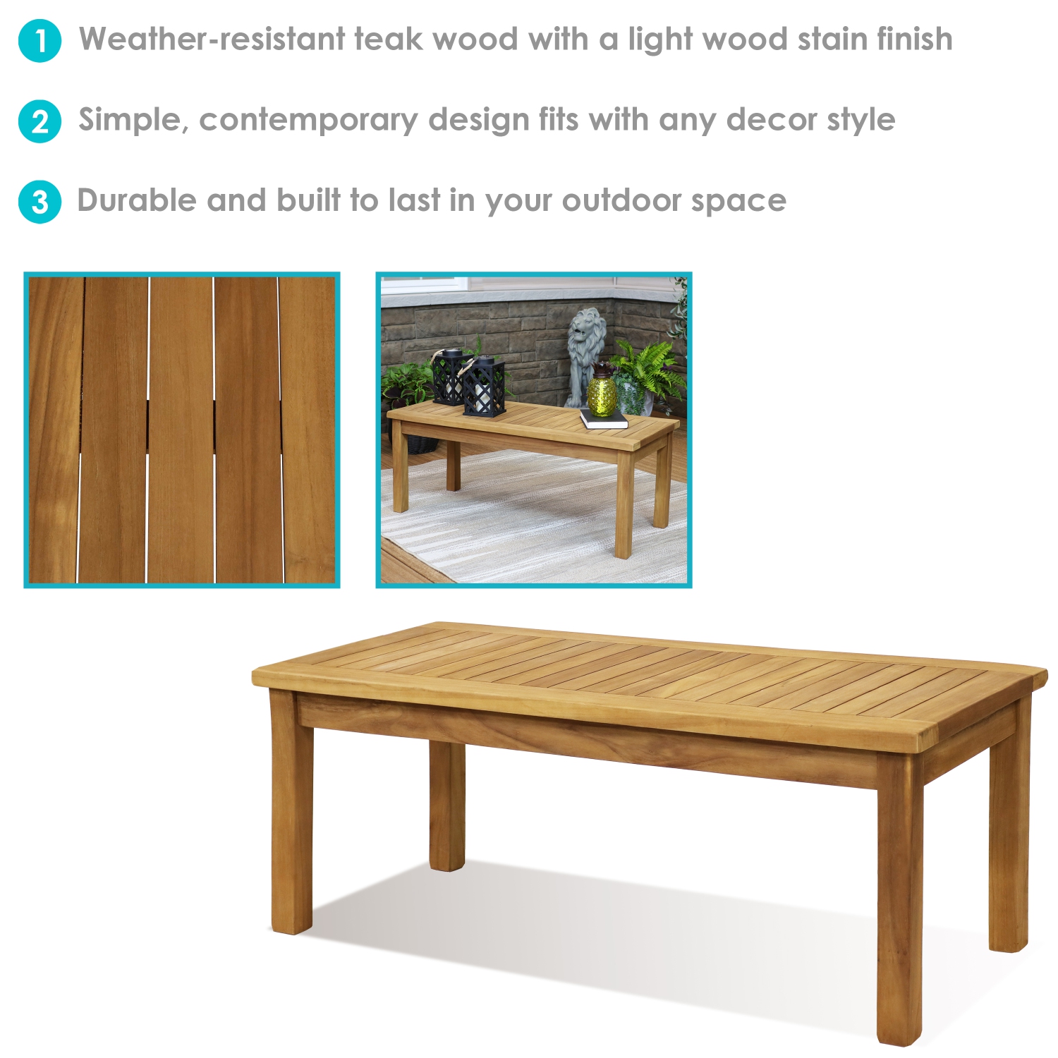 Sunnydaze 45.75 in Teak Wood Rectangular Patio Coffee Table