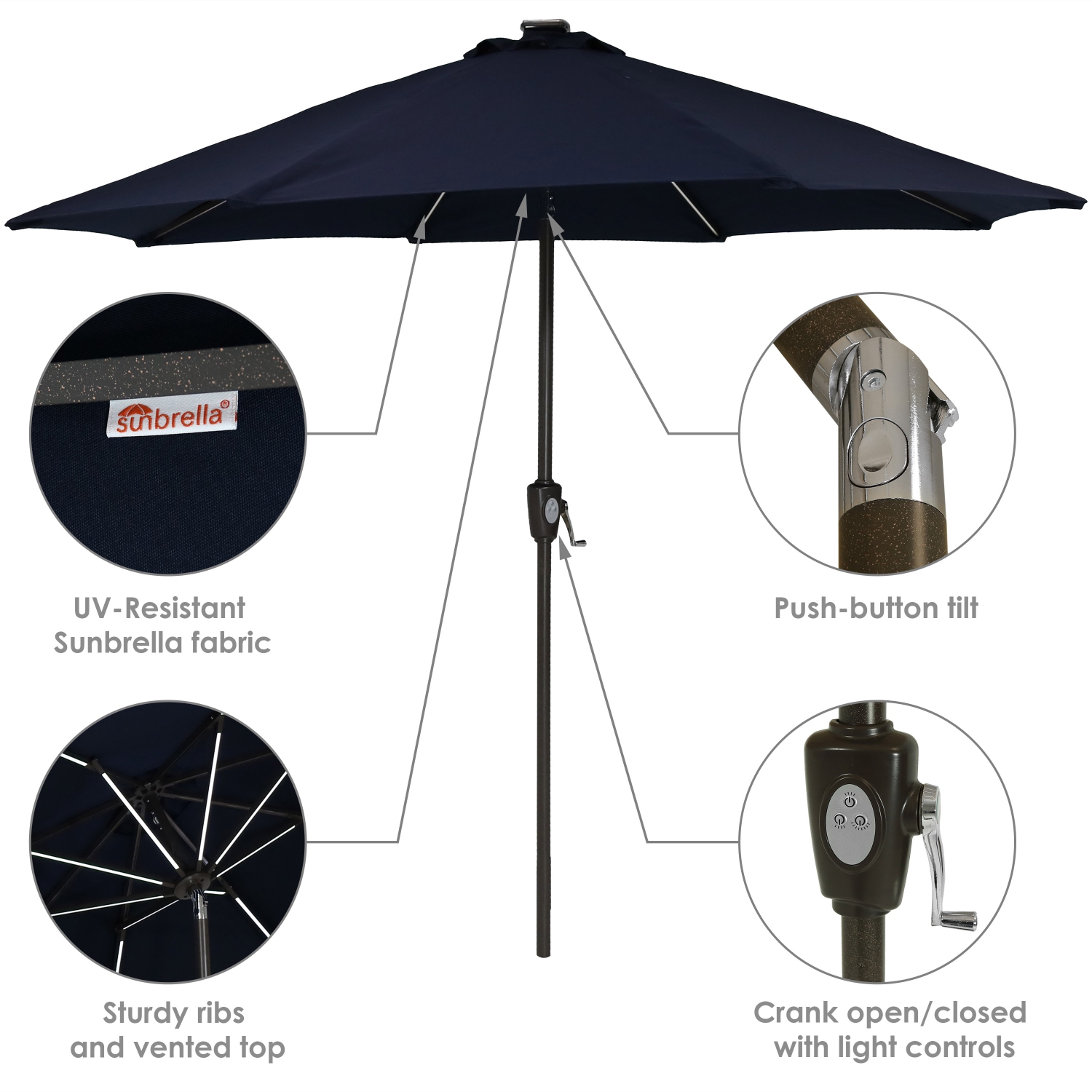 Sunnydaze 9 ft Solar Sunbrella Patio Umbrella with Tilt - Navy Blue
