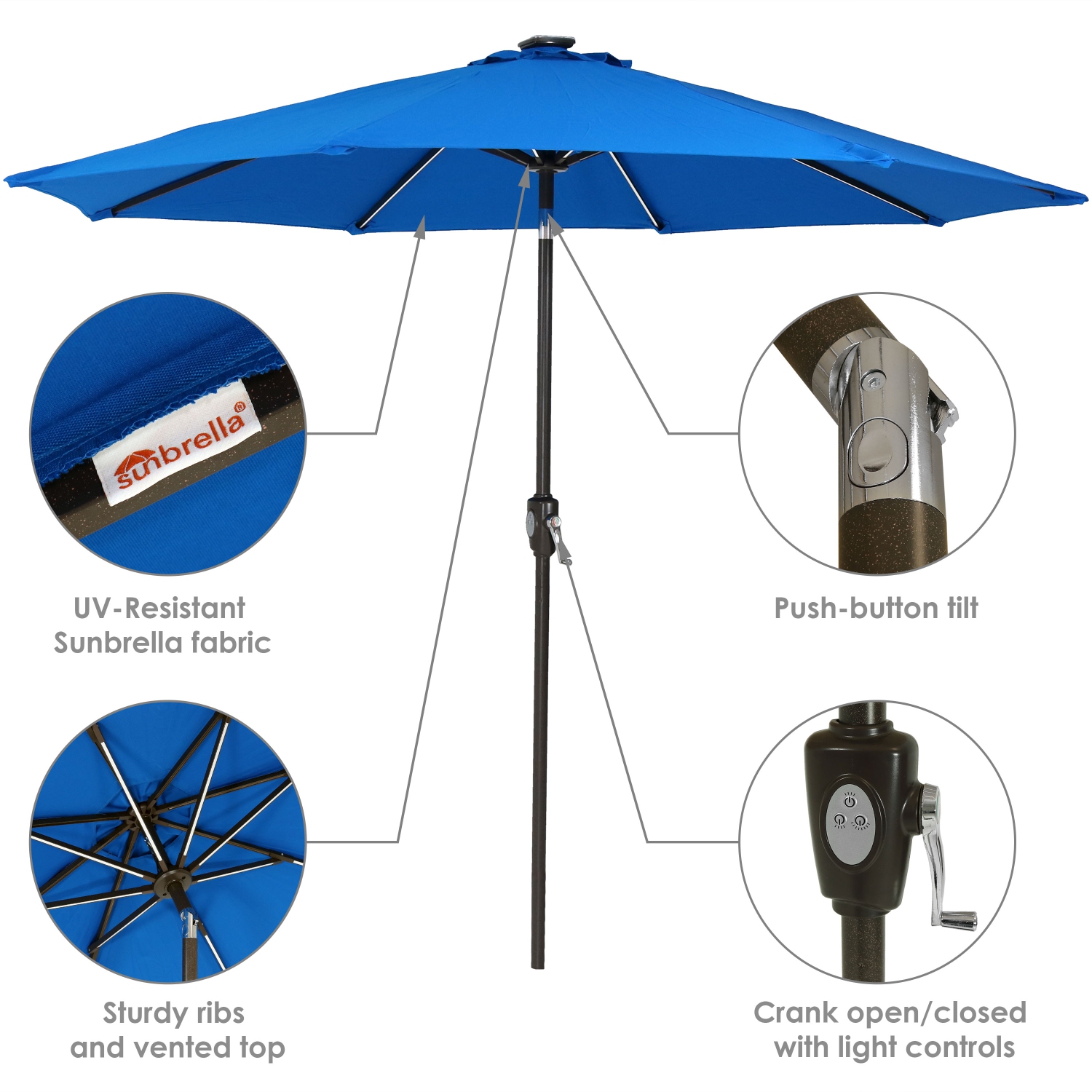 Sunnydaze 9 ft Solar Sunbrella Patio Umbrella with Tilt - Pacific Blue