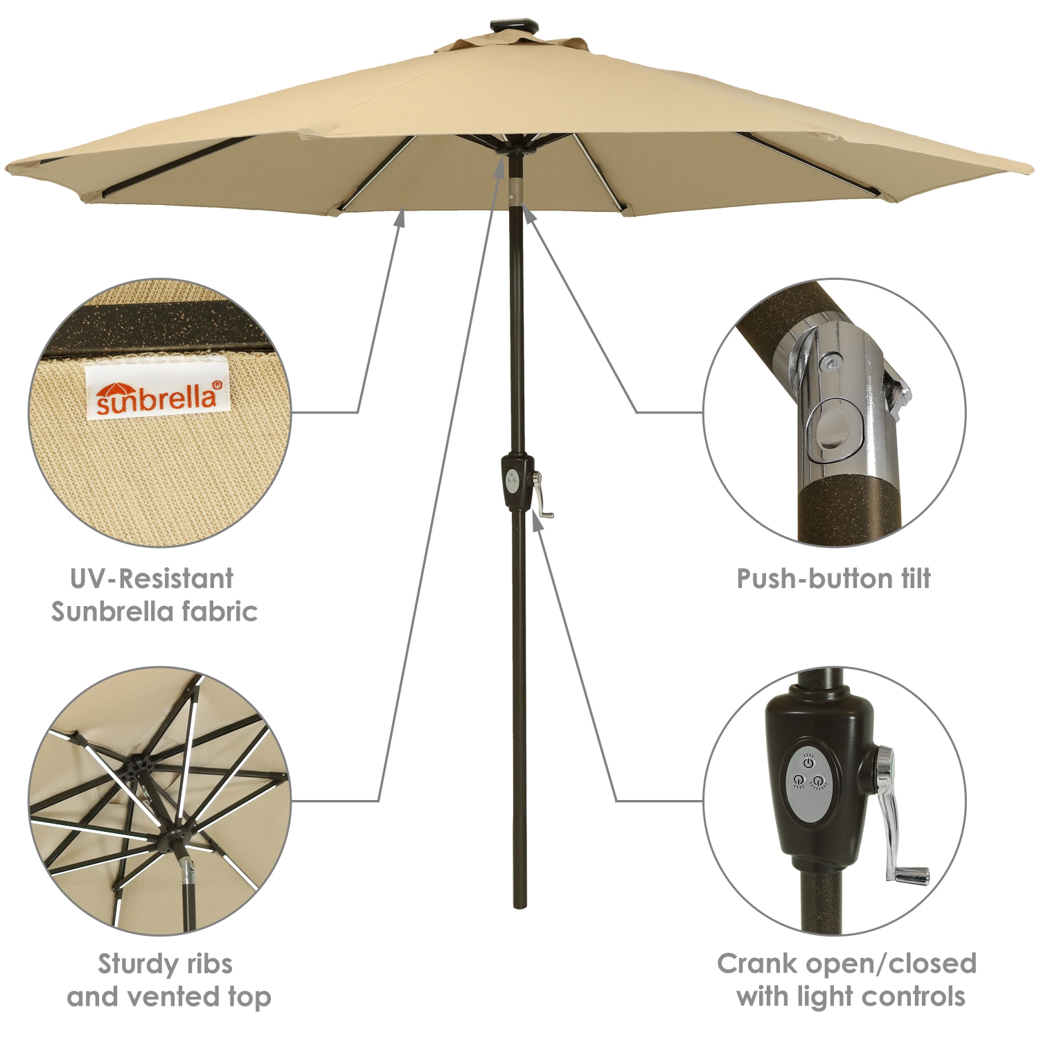 Sunnydaze 9 ft Solar Sunbrella Patio Umbrella with Tilt - Beige