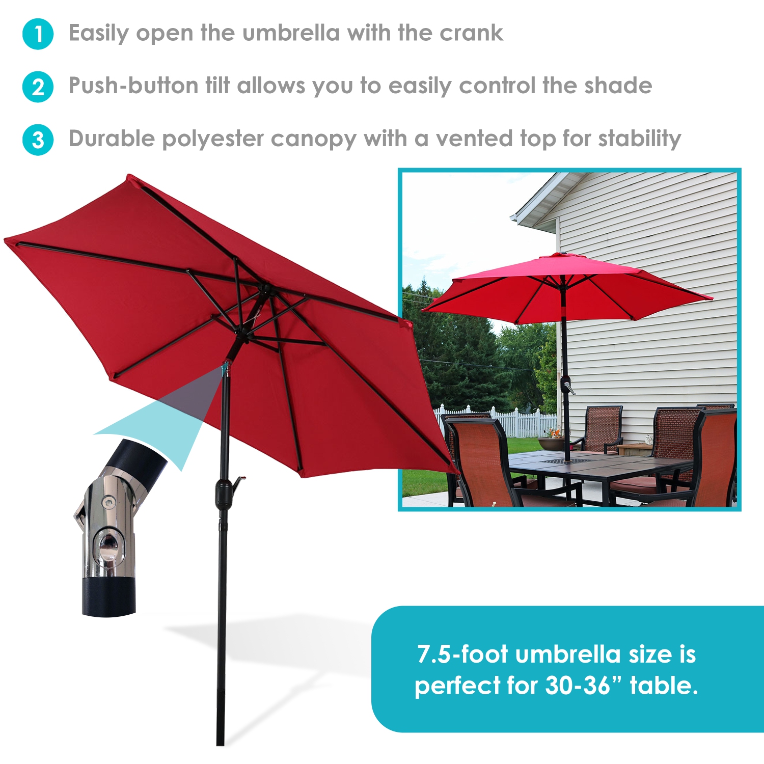Sunnydaze 7.5 ft Aluminum Patio Umbrella with Tilt and Crank - Red