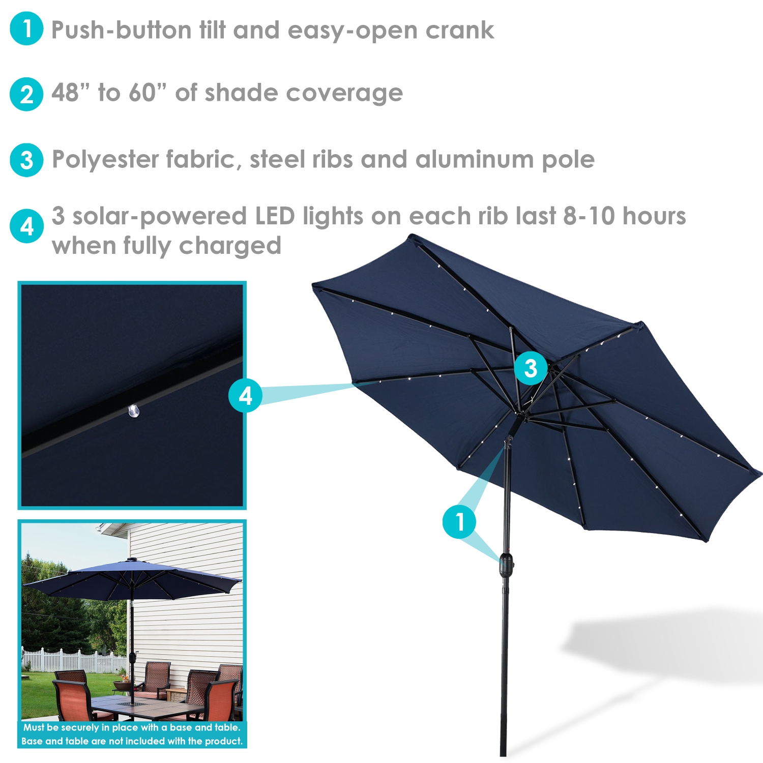 Sunnydaze 9 ft Solar Aluminum Patio Umbrella with Tilt and Crank - Navy