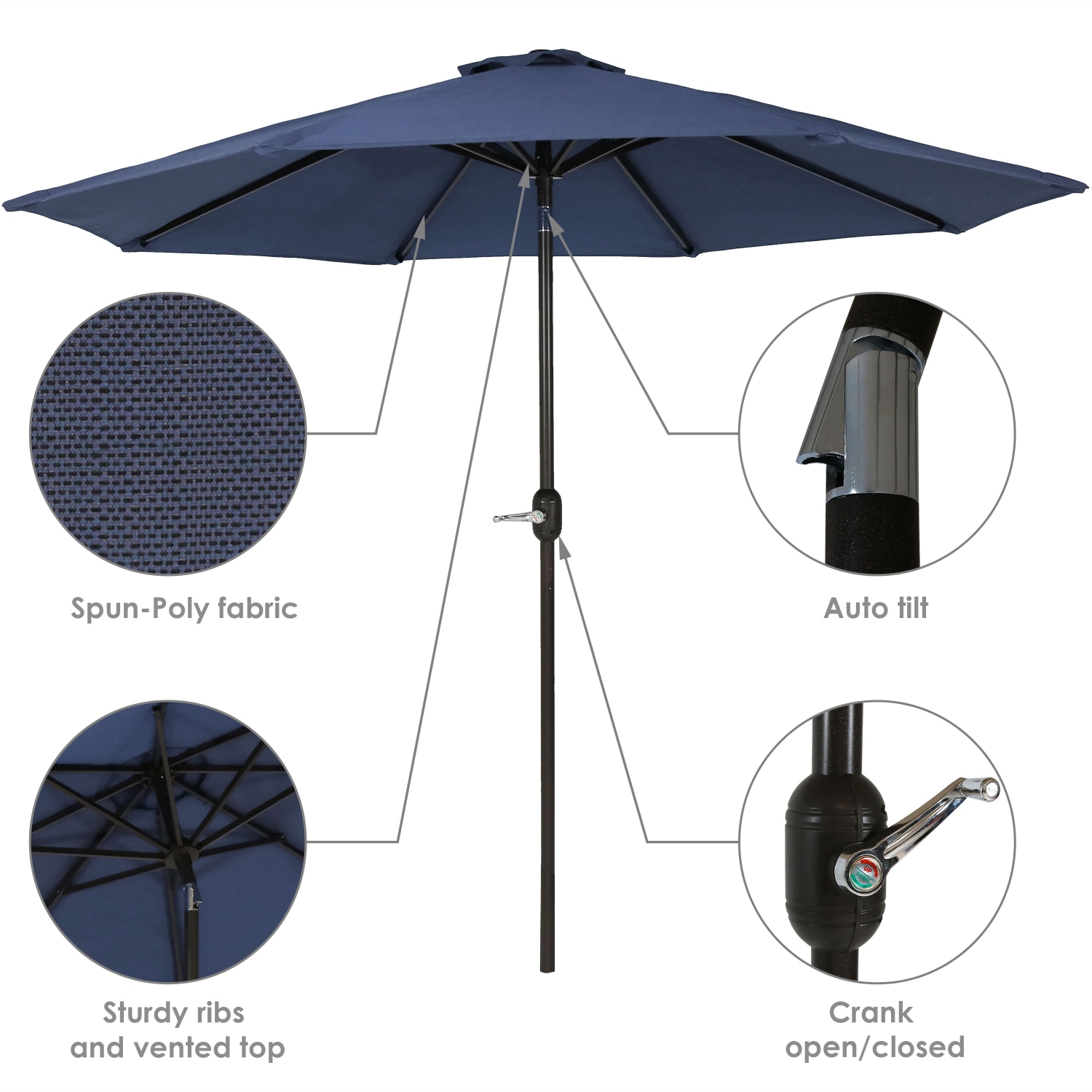 Parasol de patio en aluminium de 9 pi avec manivelle et inclinaison de Sunnydaze - Bleu marine