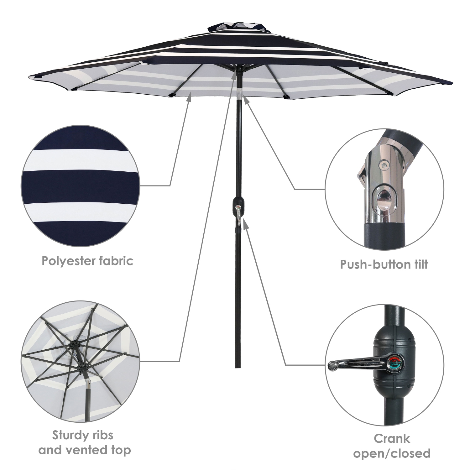 Sunnydaze 9 ft Aluminum Patio Umbrella with Tilt and Crank - Navy Stripe