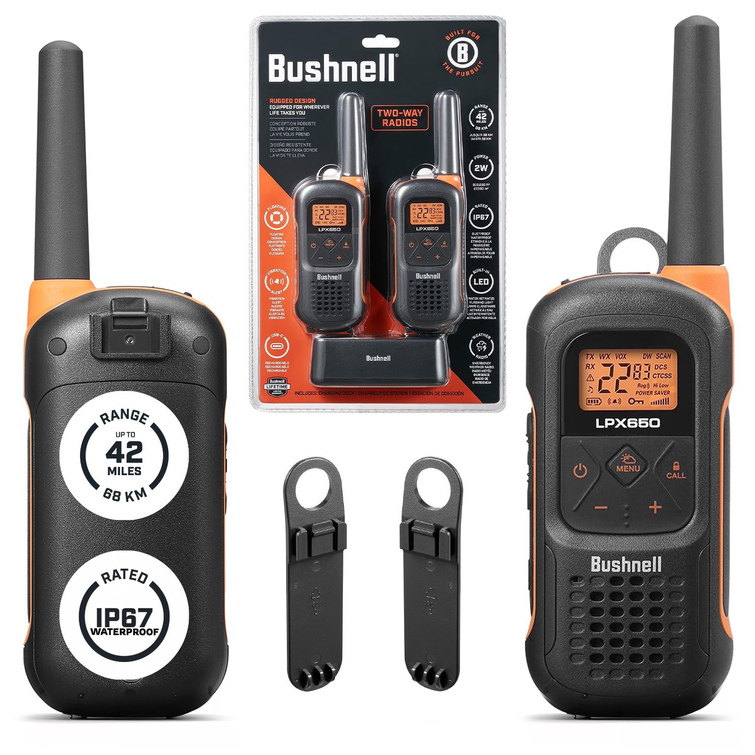 Bushnell Adventure 68KM Two Way Radios - FRS 2 Watt Long Range Rechargeable Walkie Talkie 2 Pack | LPX650