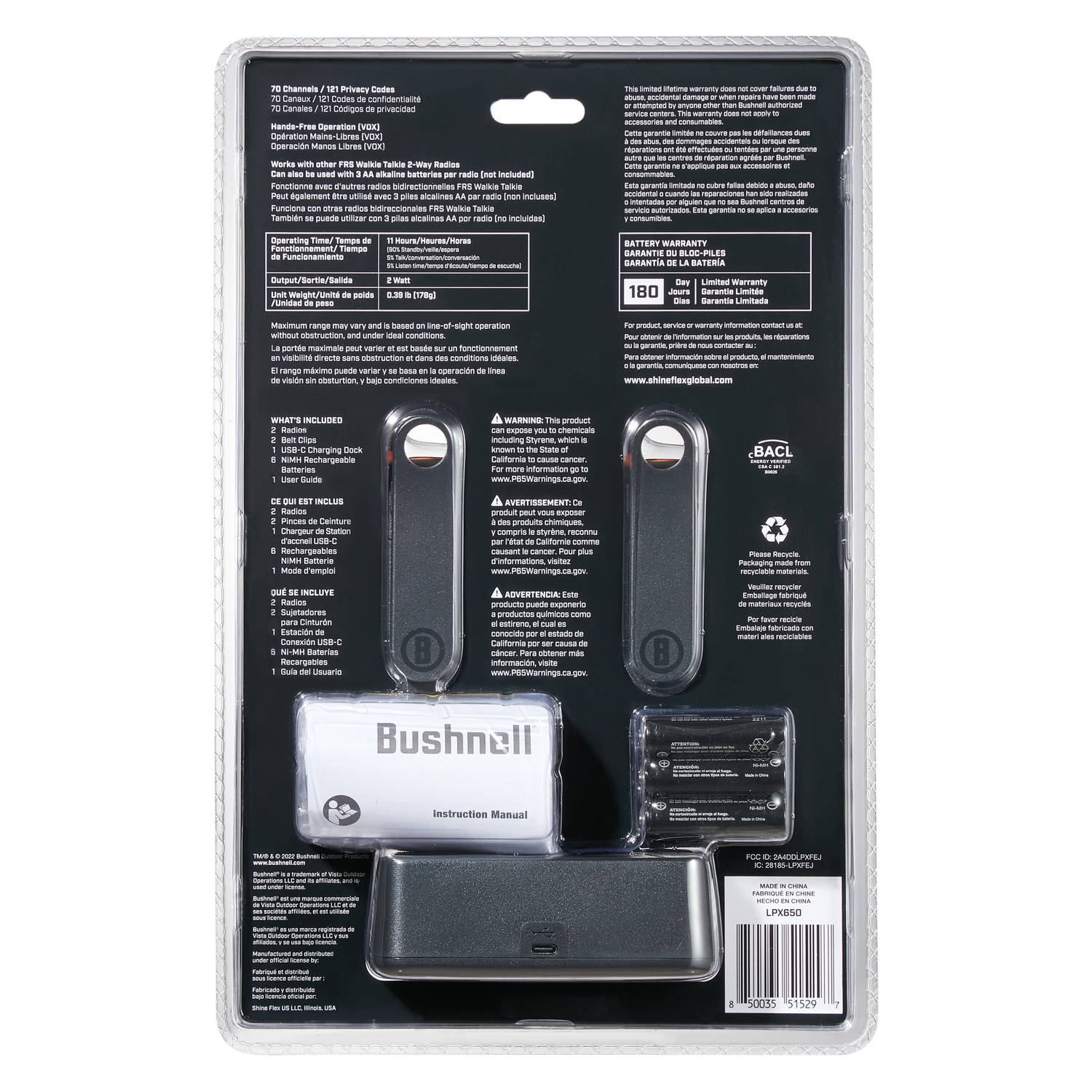 Bushnell Adventure 68KM Floating Two Way Radios - Waterproof IP67 Marine FRS 2 Watt Long Range Rechargeable Walkie Talkie, 2 Pack | LPX650