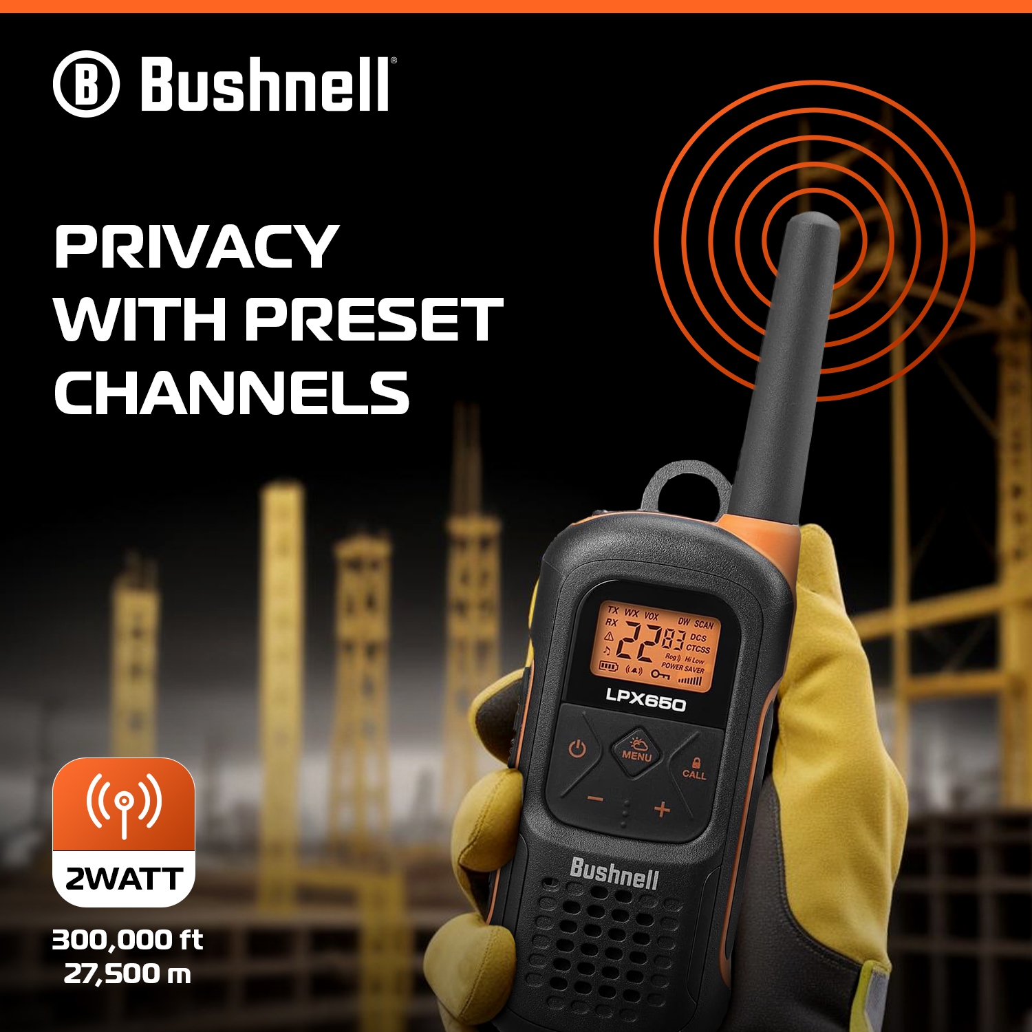 Bushnell Adventure 68KM Floating Two Way Radios - Waterproof IP67 Marine FRS 2 Watt Long Range Rechargeable Walkie Talkie, 2 Pack | LPX650