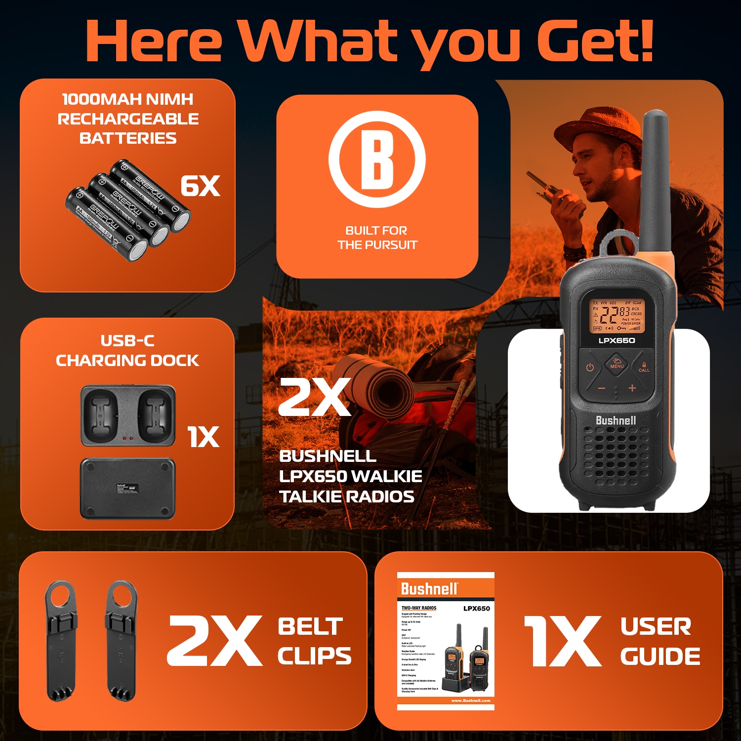 Bushnell Adventure 68KM Floating Two Way Radios - Waterproof IP67 Marine FRS 2 Watt Long Range Rechargeable Walkie Talkie, 2 Pack | LPX650