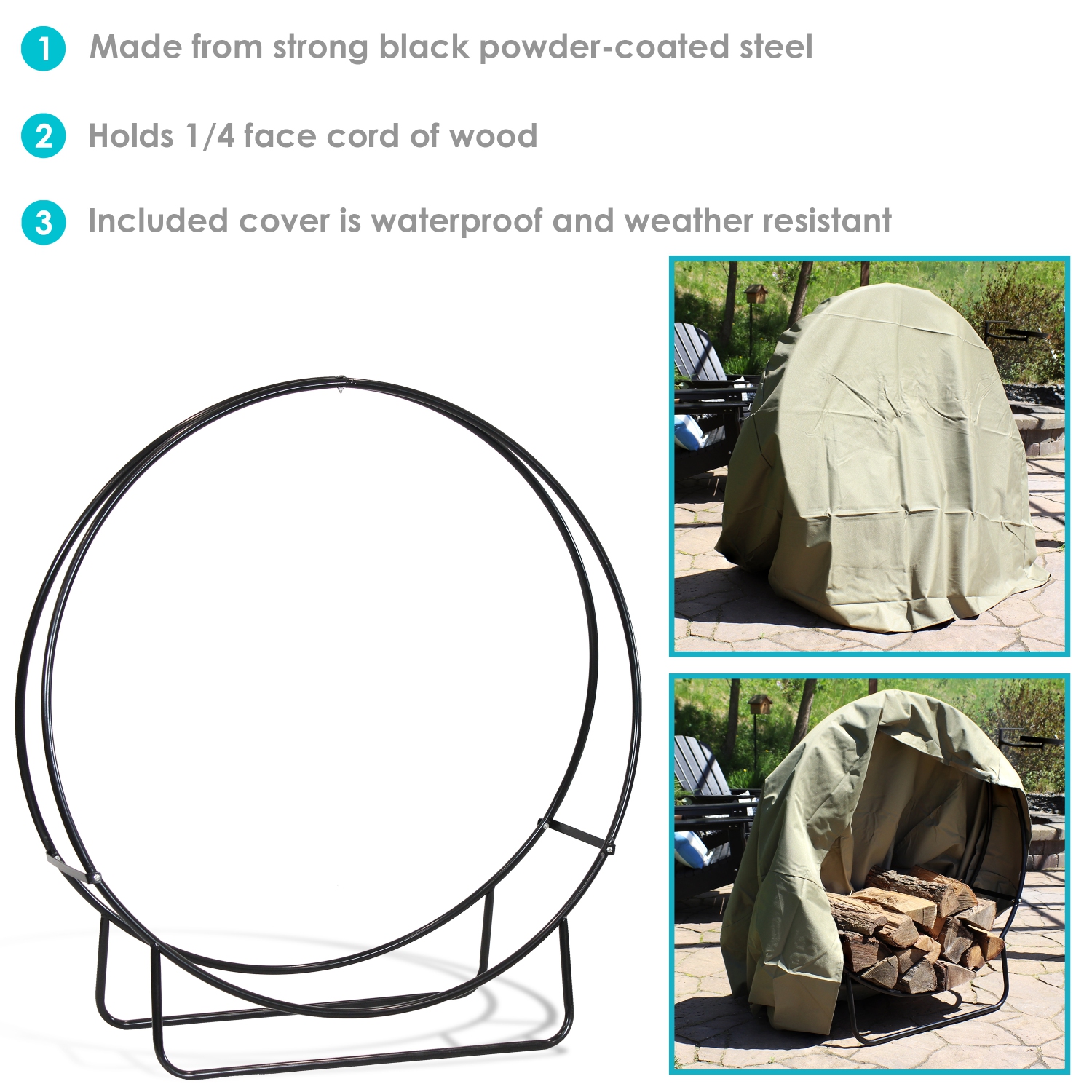 Sunnydaze 40 in Powder-Coated Steel Firewood Log Hoop Rack with Khaki Cover