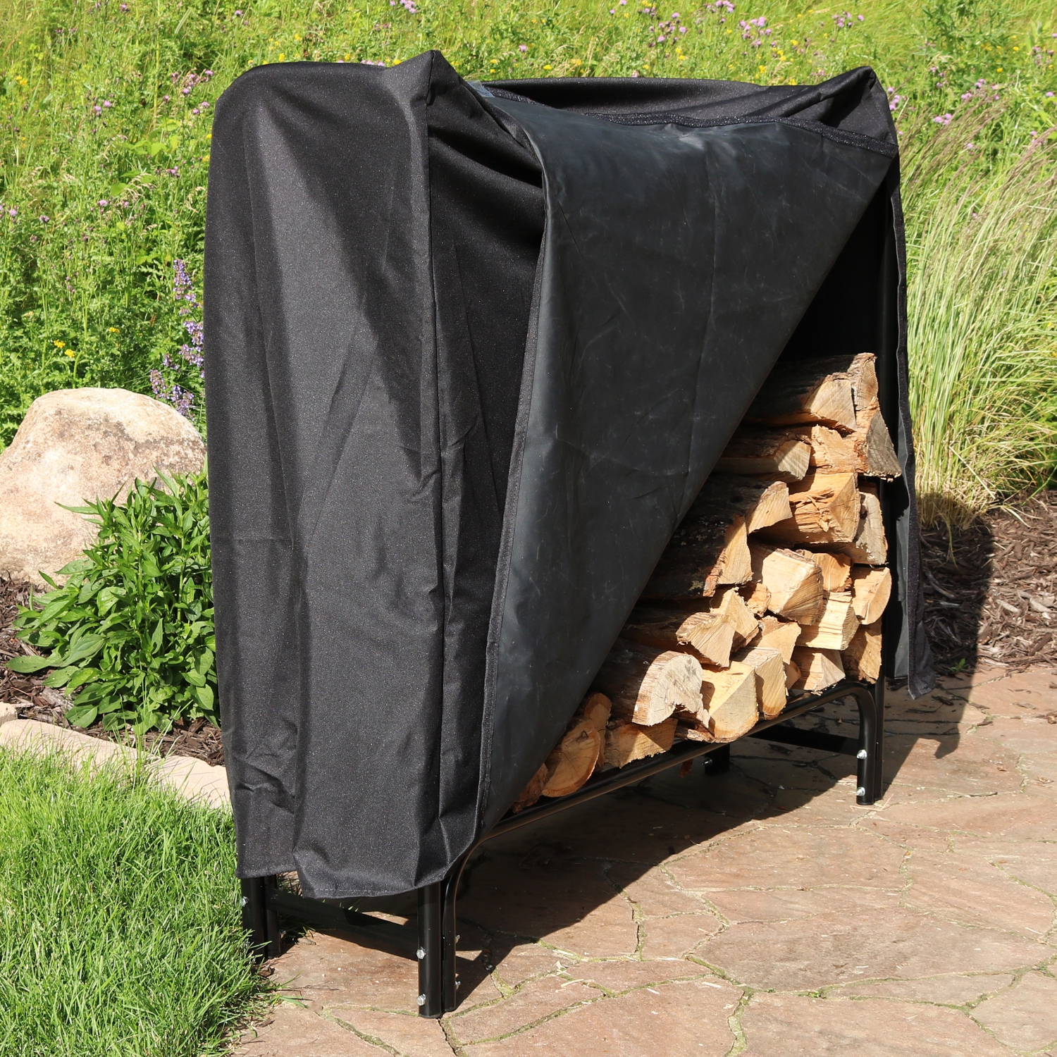 Sunnydaze 4 ft Powder-Coated Steel Firewood Log Rack with Black Cover