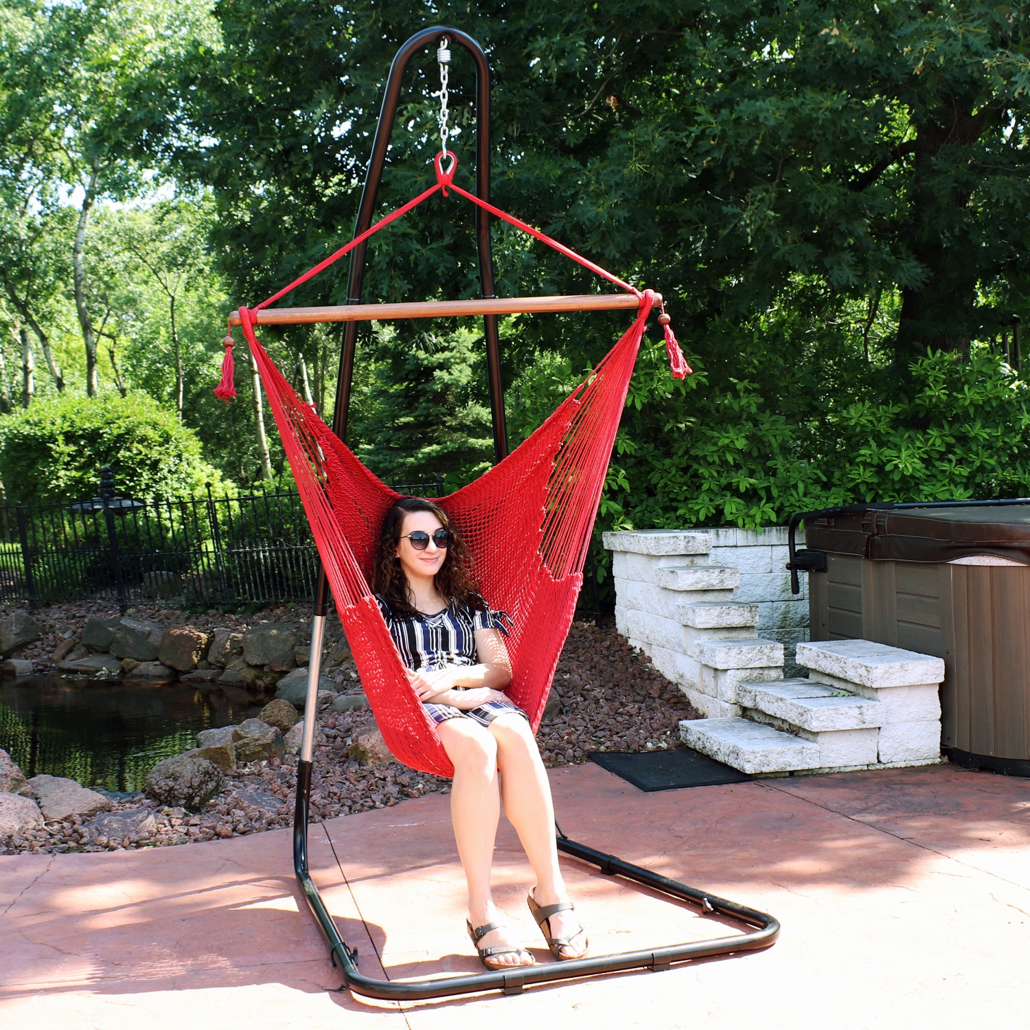 Sunnydaze Extra Large Hammock Chair with Adjustable Steel Stand - Red