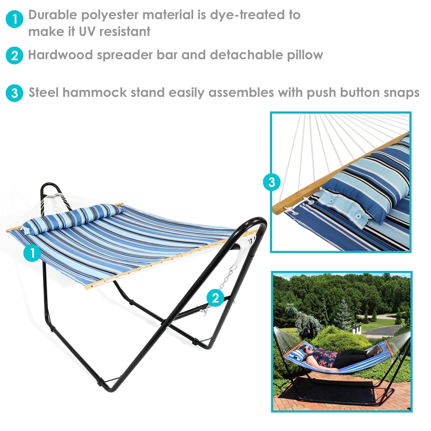 Sunnydaze 2-Person Quilted Hammock with Universal Steel Stand - Misty Beach