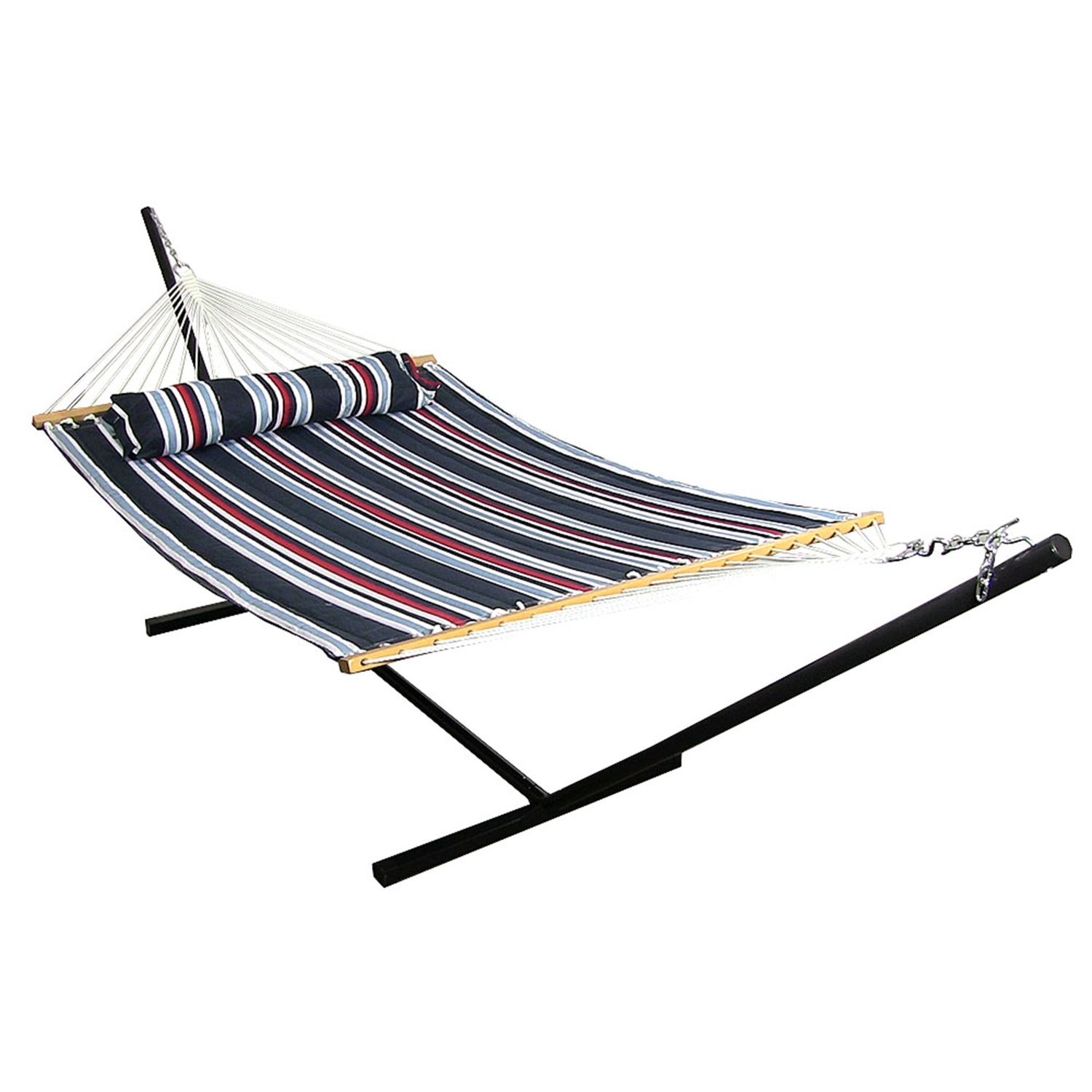Sunnydaze Large Quilted Fabric Hammock with Steel Stand - Nautical Stripe