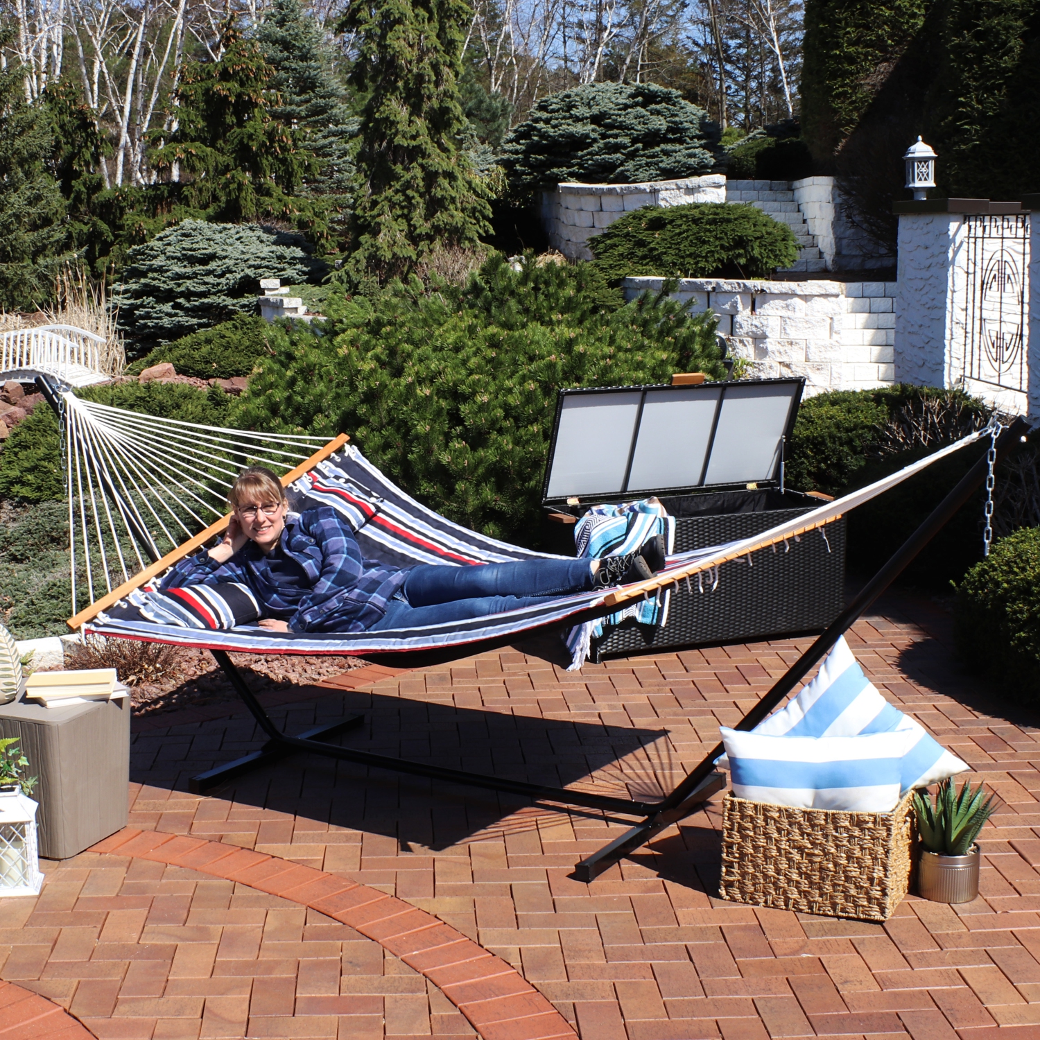 Sunnydaze Large Quilted Fabric Hammock with Steel Stand - Nautical Stripe