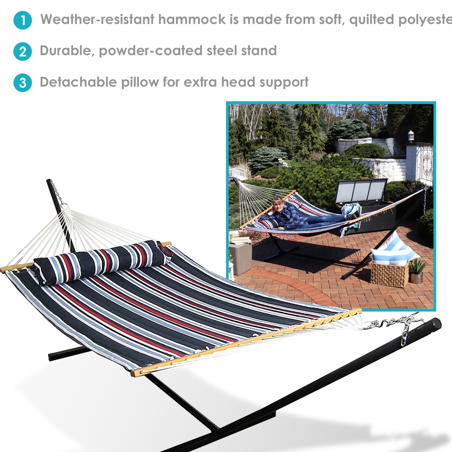 Sunnydaze Large Quilted Fabric Hammock with Steel Stand - Nautical Stripe