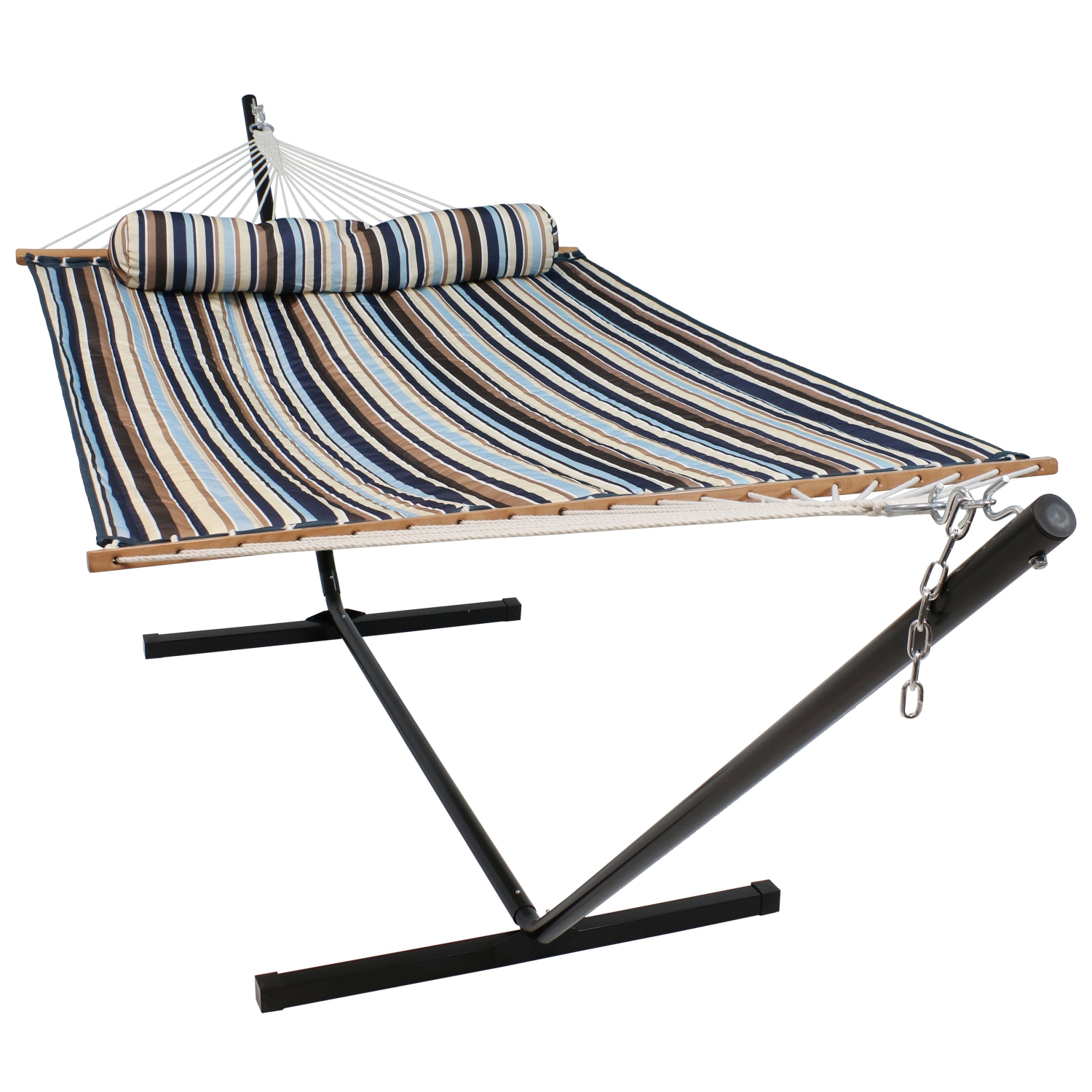 Sunnydaze Large Quilted Fabric Hammock with Steel Stand and Pillow - Ocean