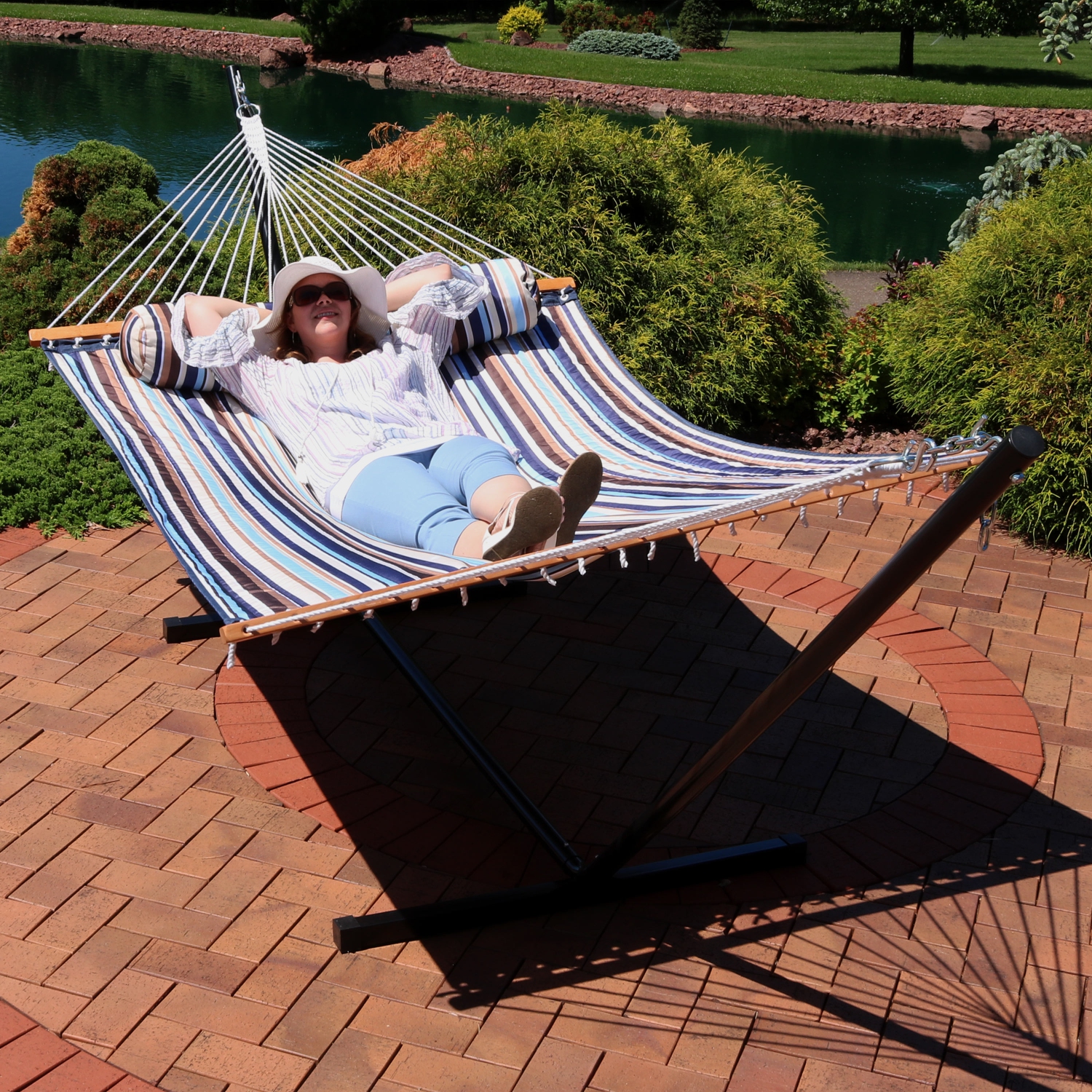 Sunnydaze Large Quilted Fabric Hammock with Steel Stand and Pillow - Ocean