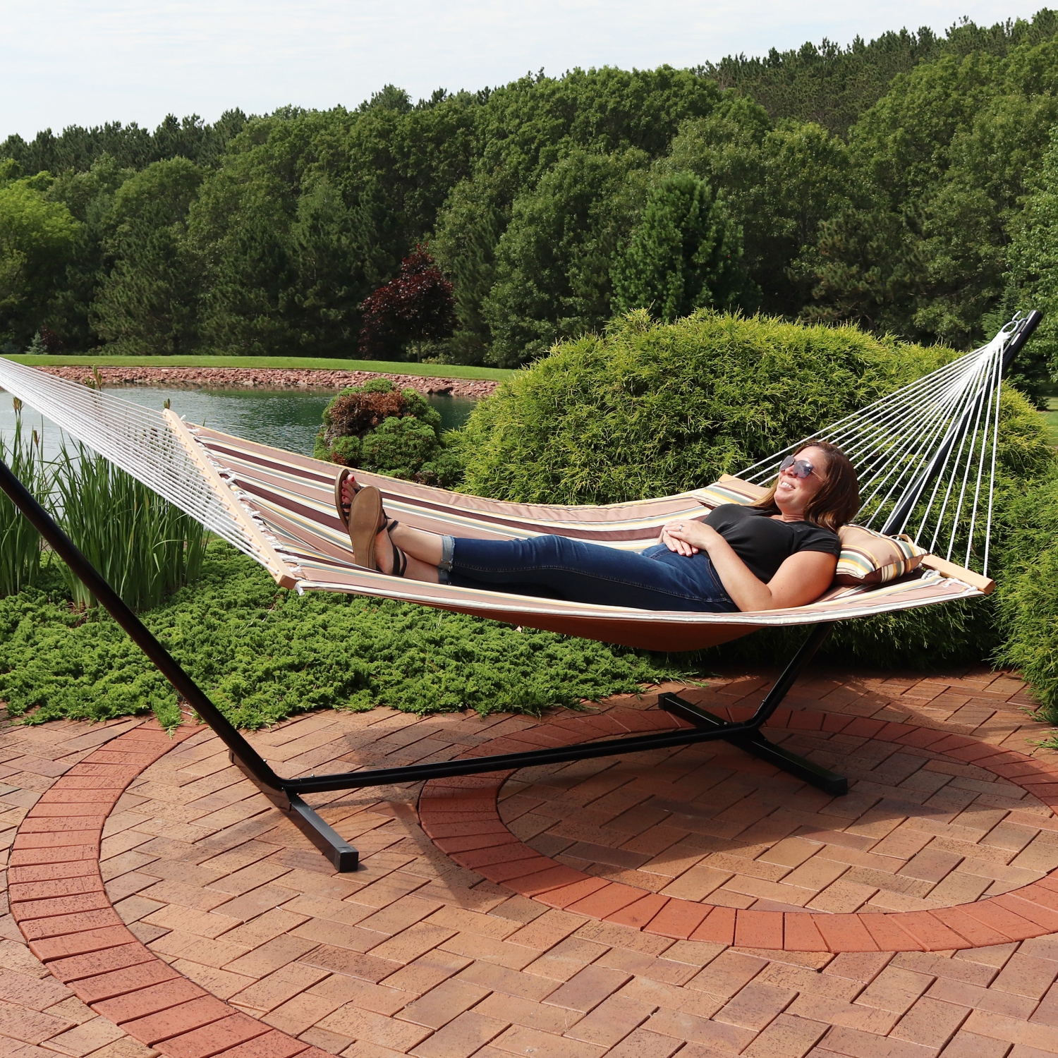 Sunnydaze 2-Person Quilted Fabric Hammock with Steel Stand - Sandy Beach