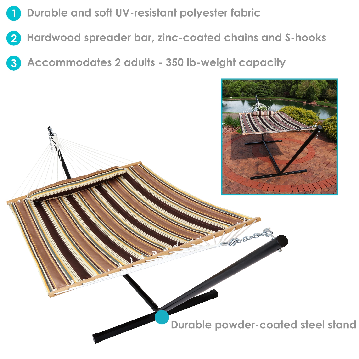 Sunnydaze 2-Person Quilted Fabric Hammock with Steel Stand - Sandy Beach