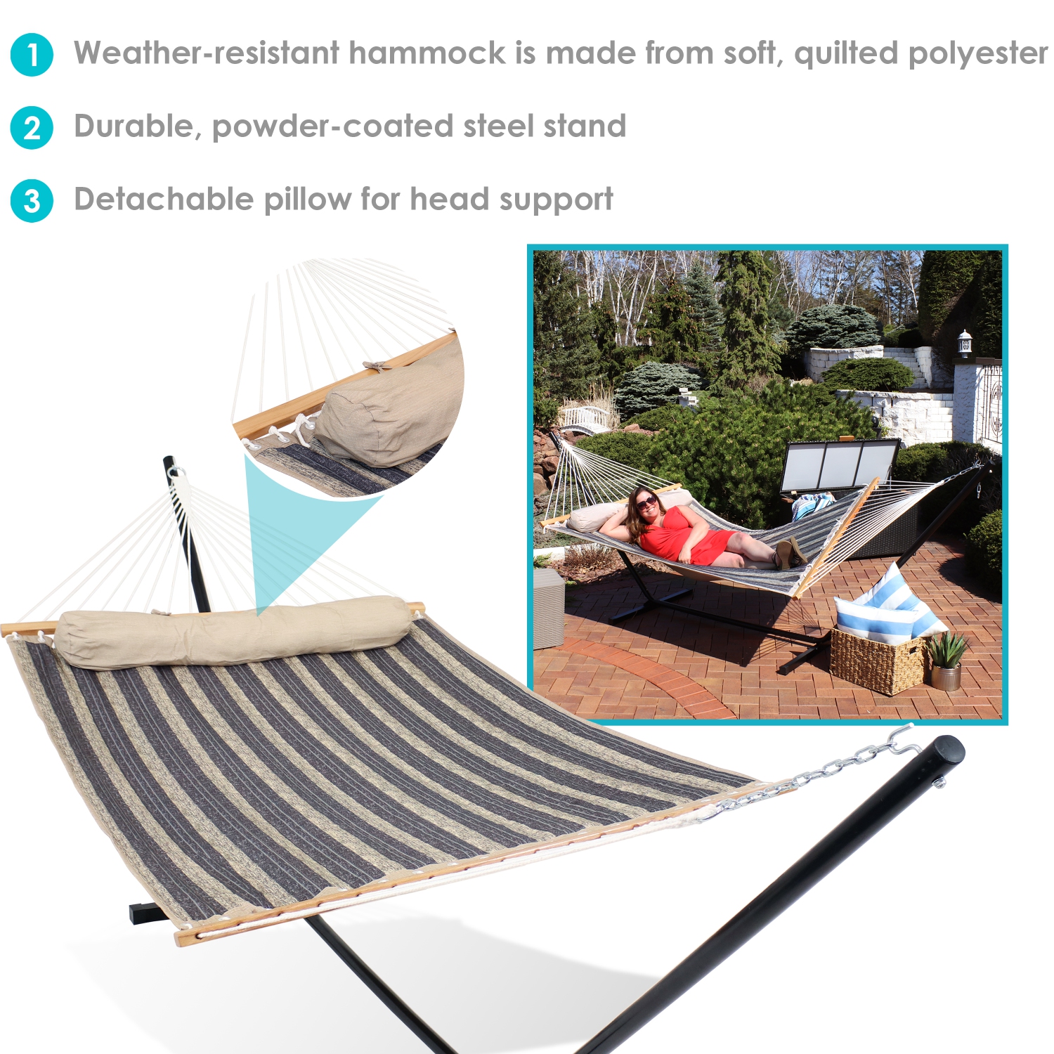 Sunnydaze 2-Person Quilted Fabric Hammock with Steel Stand - Mountainside