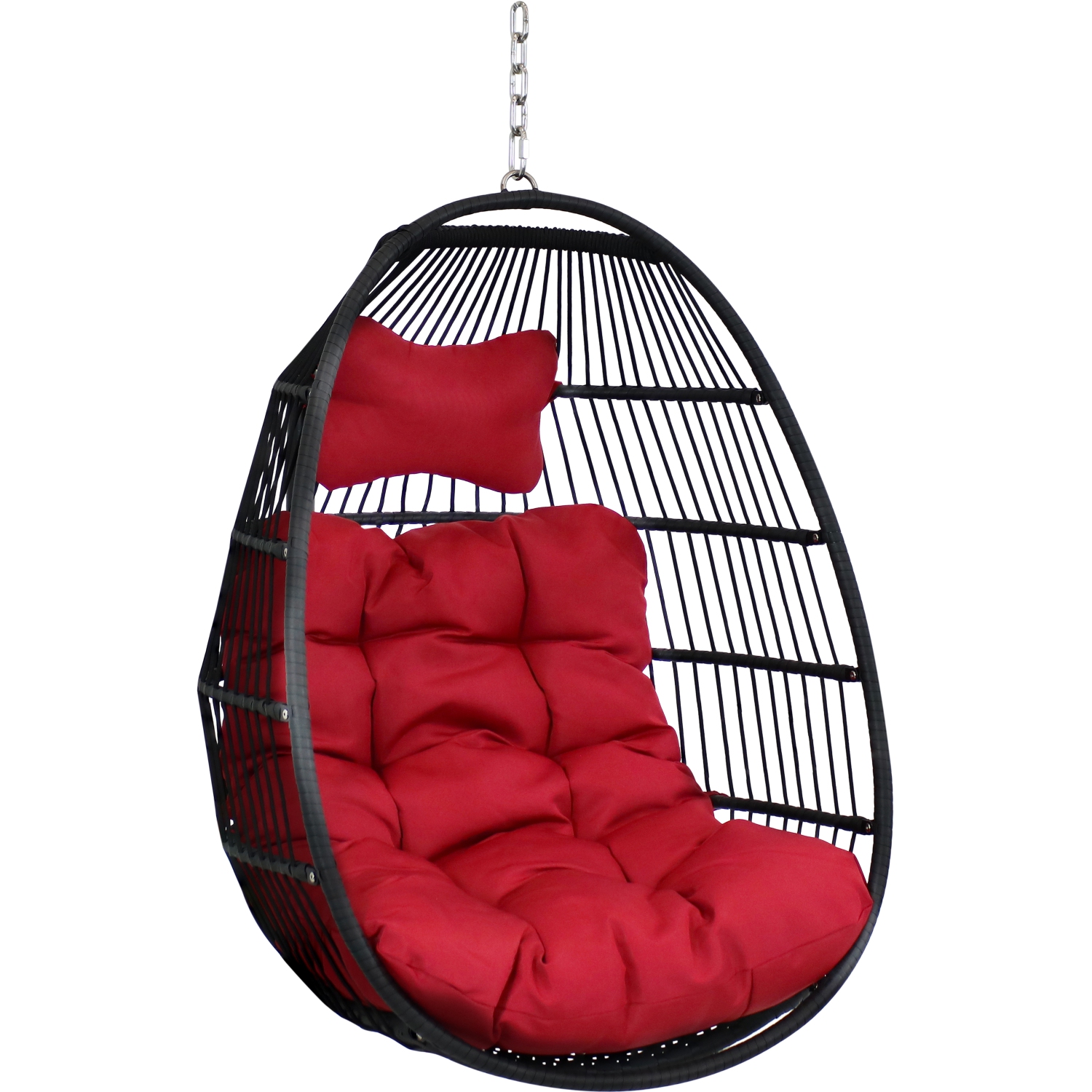 Sunnydaze Black Polyethylene Wicker Hanging Egg Chair with Cushions - Red