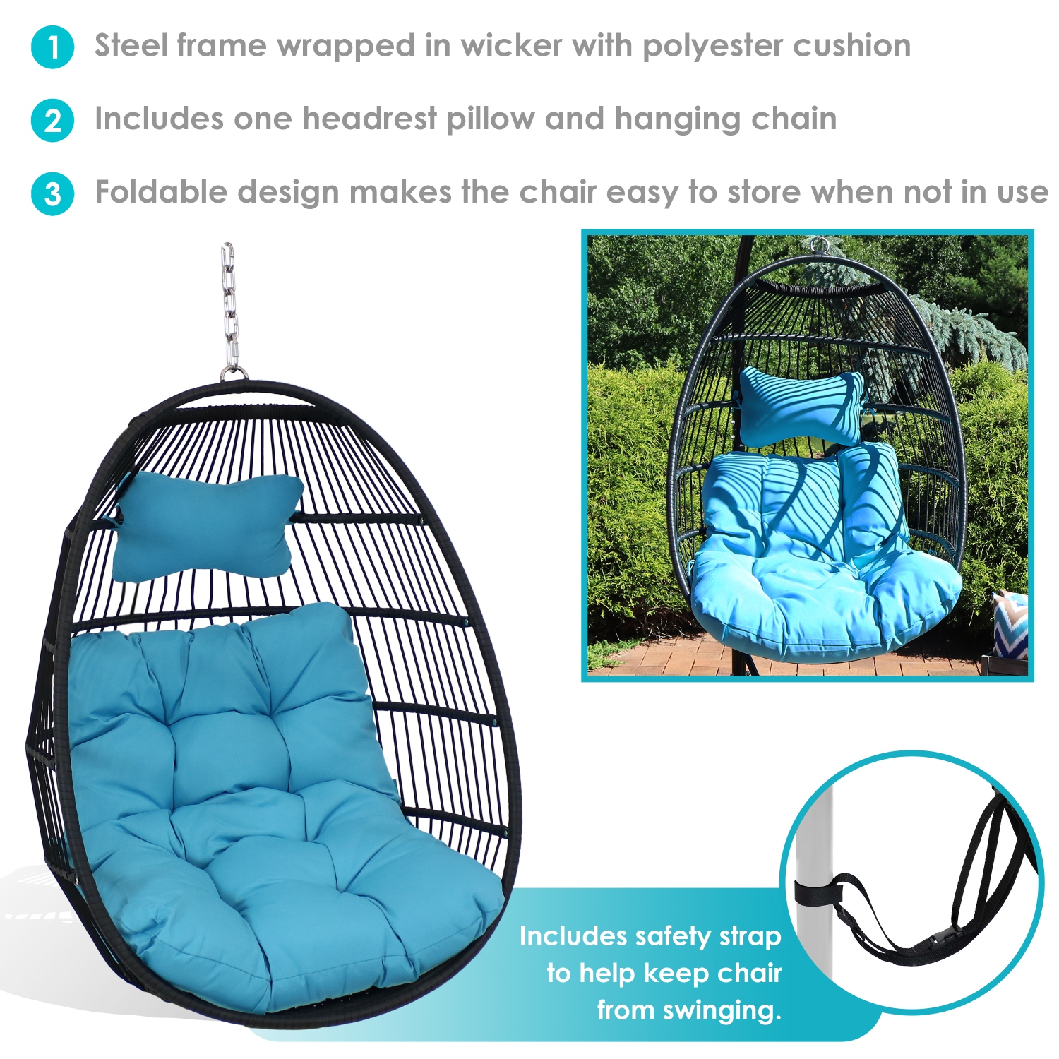 Sunnydaze Black Polyethylene Wicker Hanging Egg Chair with Cushions - Blue