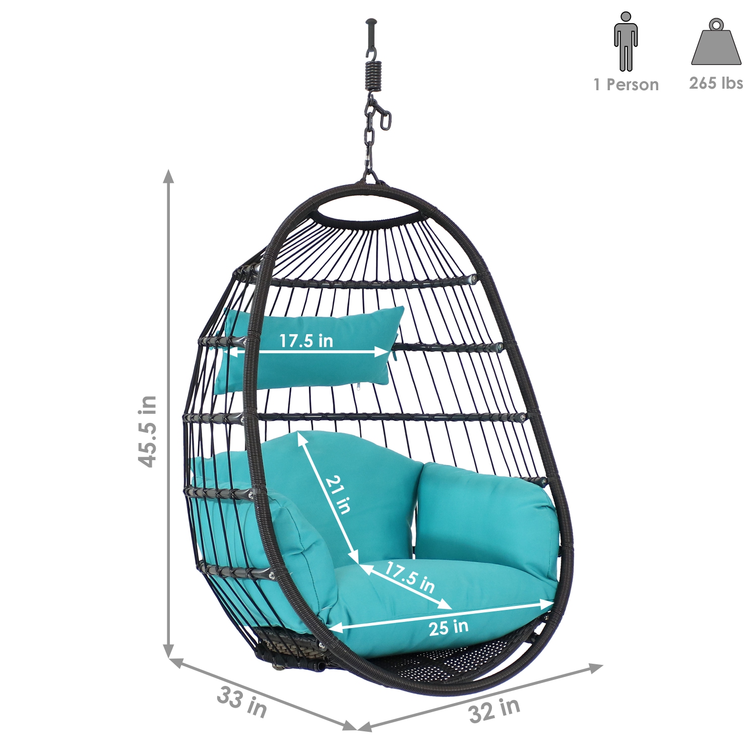 Sunnydaze Resin Wicker Hanging Egg Chair with Polyester Cushions - Blue