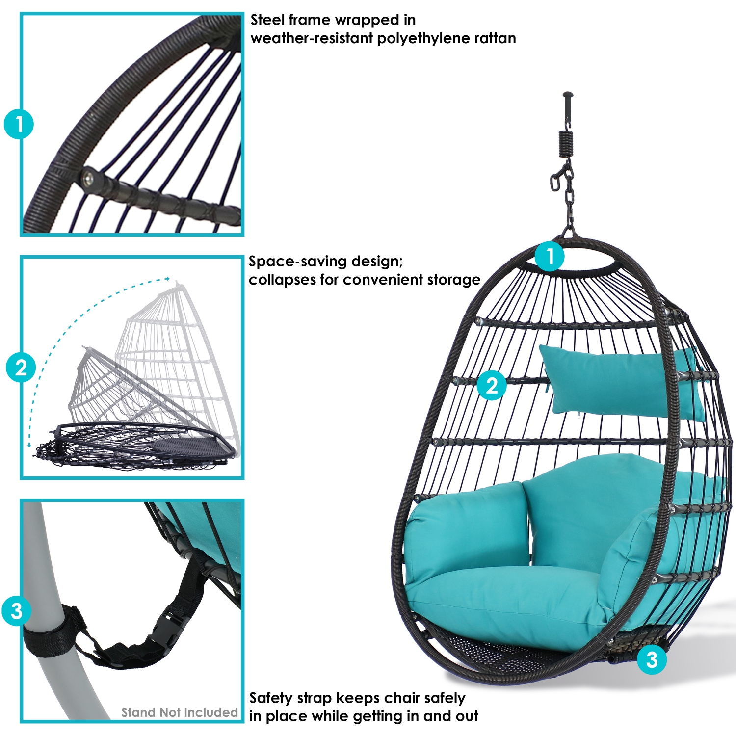 Sunnydaze Resin Wicker Hanging Egg Chair with Polyester Cushions - Blue