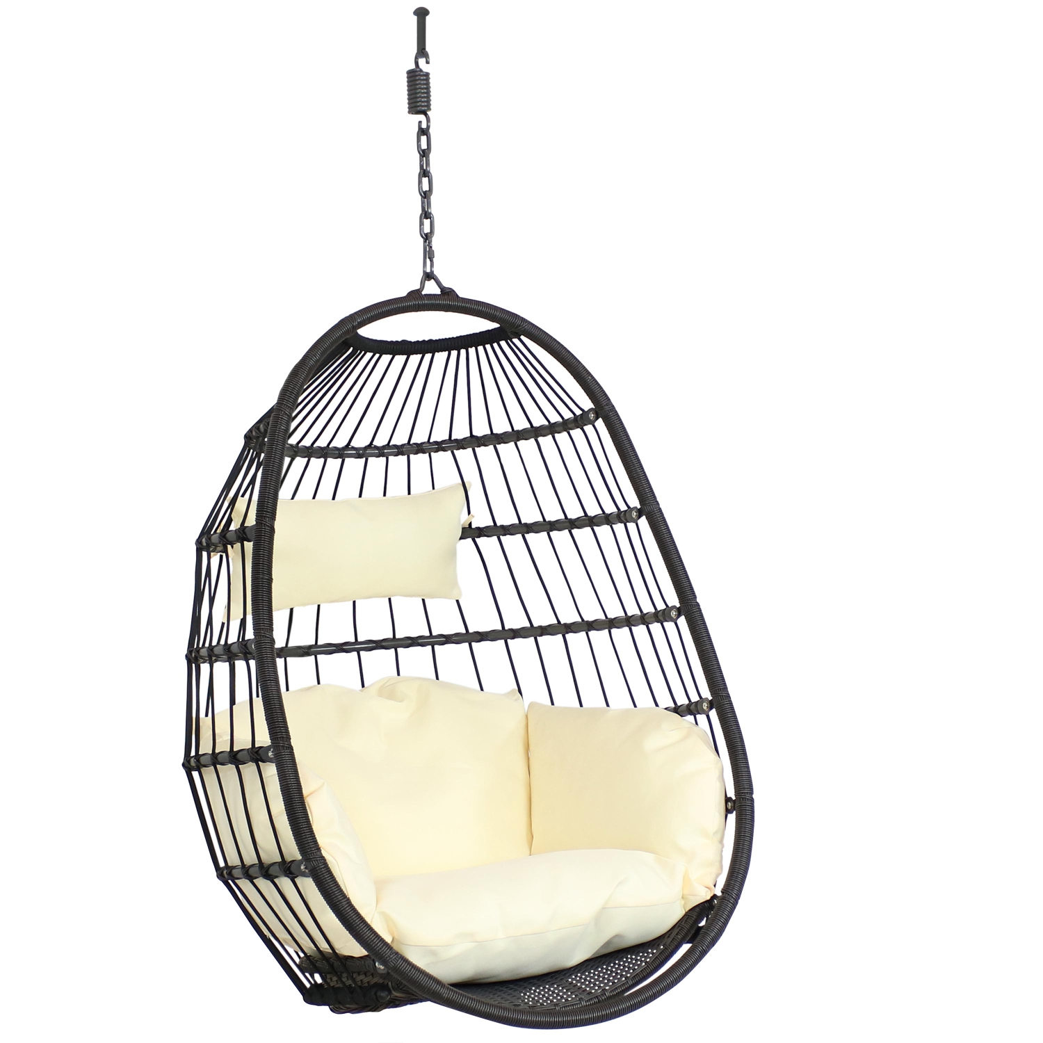 Sunnydaze Black Resin Wicker Hanging Egg Chair with Cushions - Cream